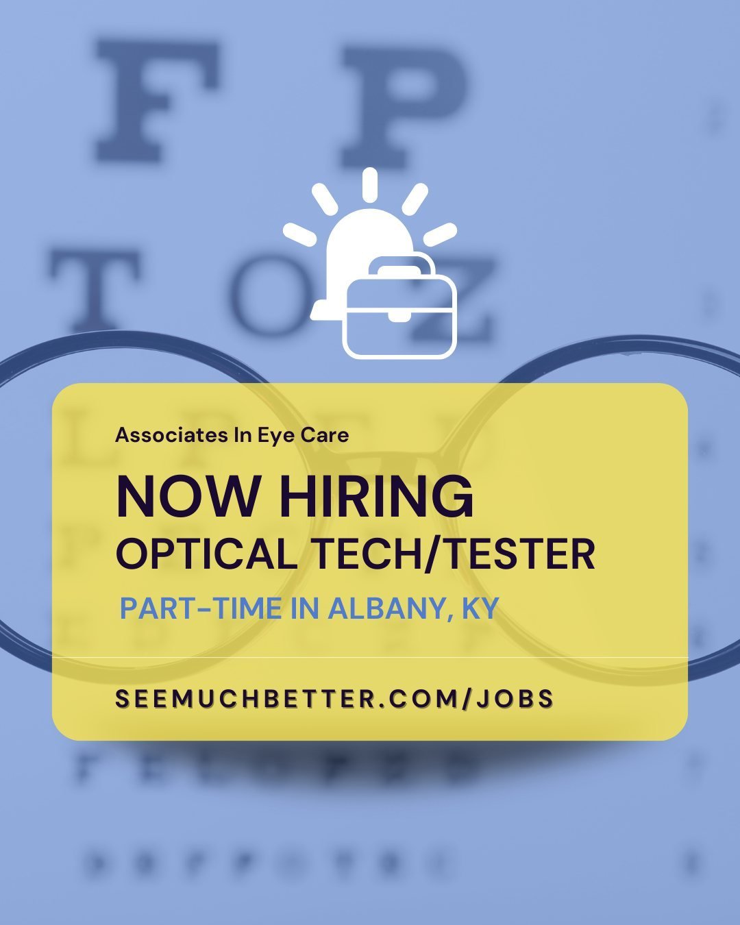 💼 ⚠️ NEW POSITION: Associates In Eye Care, Inc. is seeking a part-time Tech/Tester to join our team in Albany, Kentucky! Prior experience is desired but is not required. The chosen applicant would receive 21+ hours a week. Please apply in-person Mon