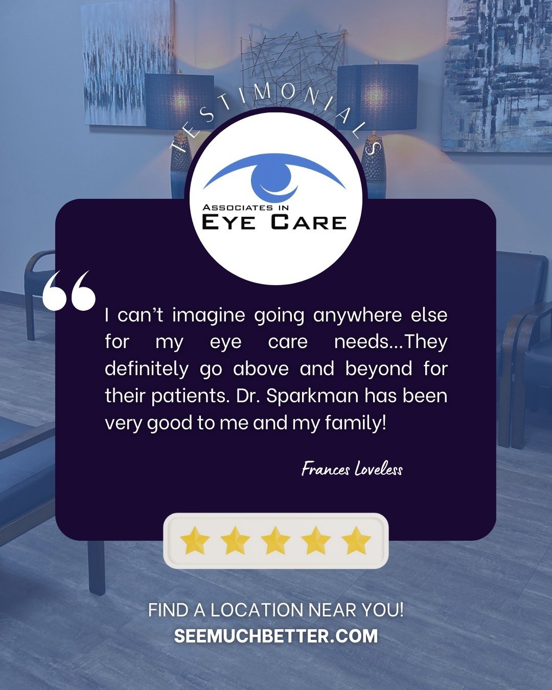 We love our patients at all eight locations! Thanks for your kind review Frances in Somerset, KY! Find a location near you at seemuchbetter.com. 

&quot;I can&rsquo;t imagine going anywhere else for my eye care needs&hellip;They definitely go above a