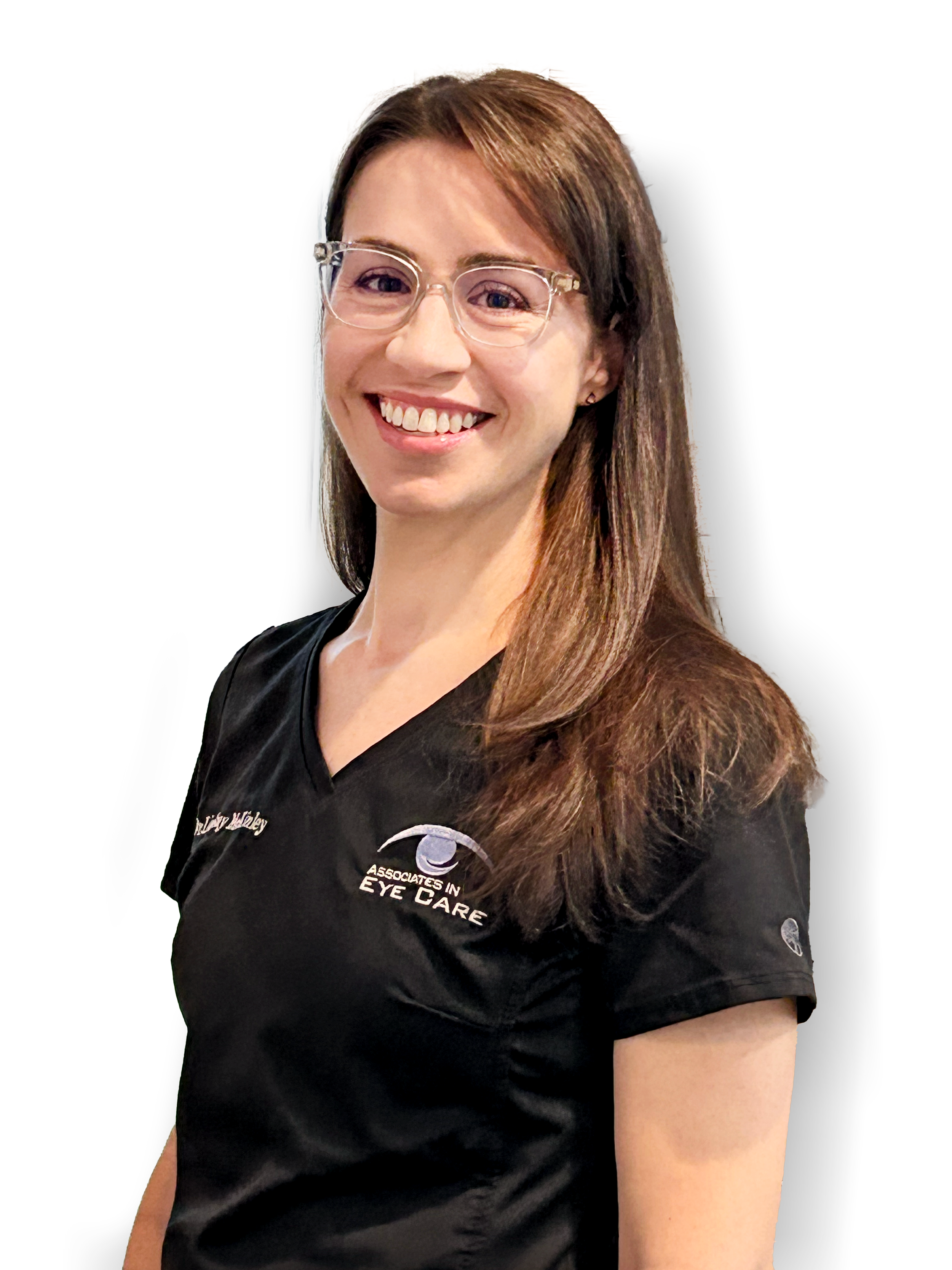 A woman wearing glasses and a black "Associates in Eye Care" uniform smiling.