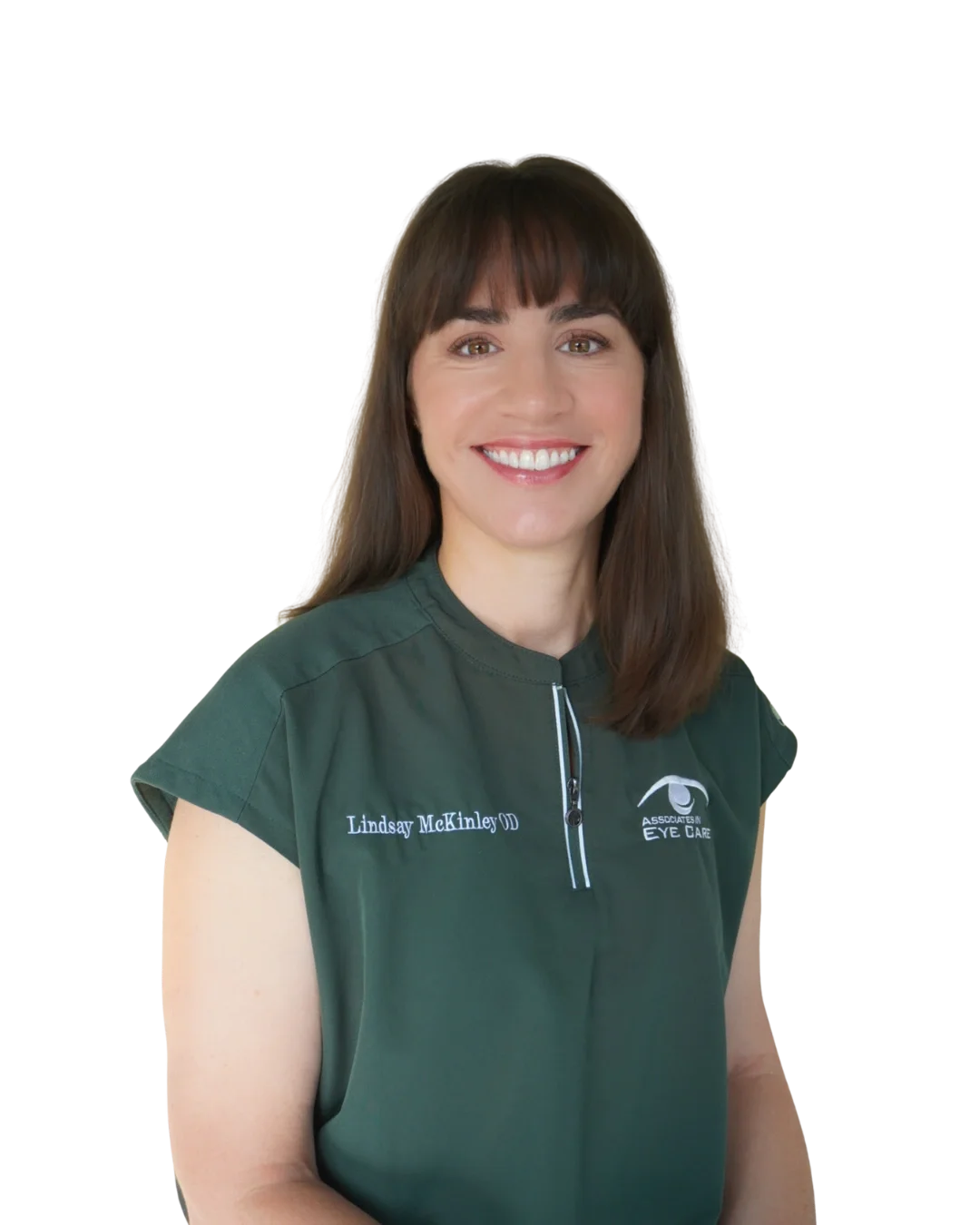 A woman wearing glasses and a black "Associates in Eye Care" uniform smiling.
