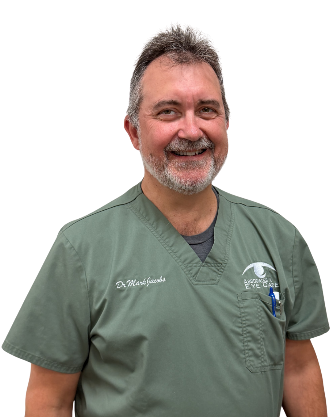 Man in a light blue medical scrubs shirt with embroidery, against a plain white background.