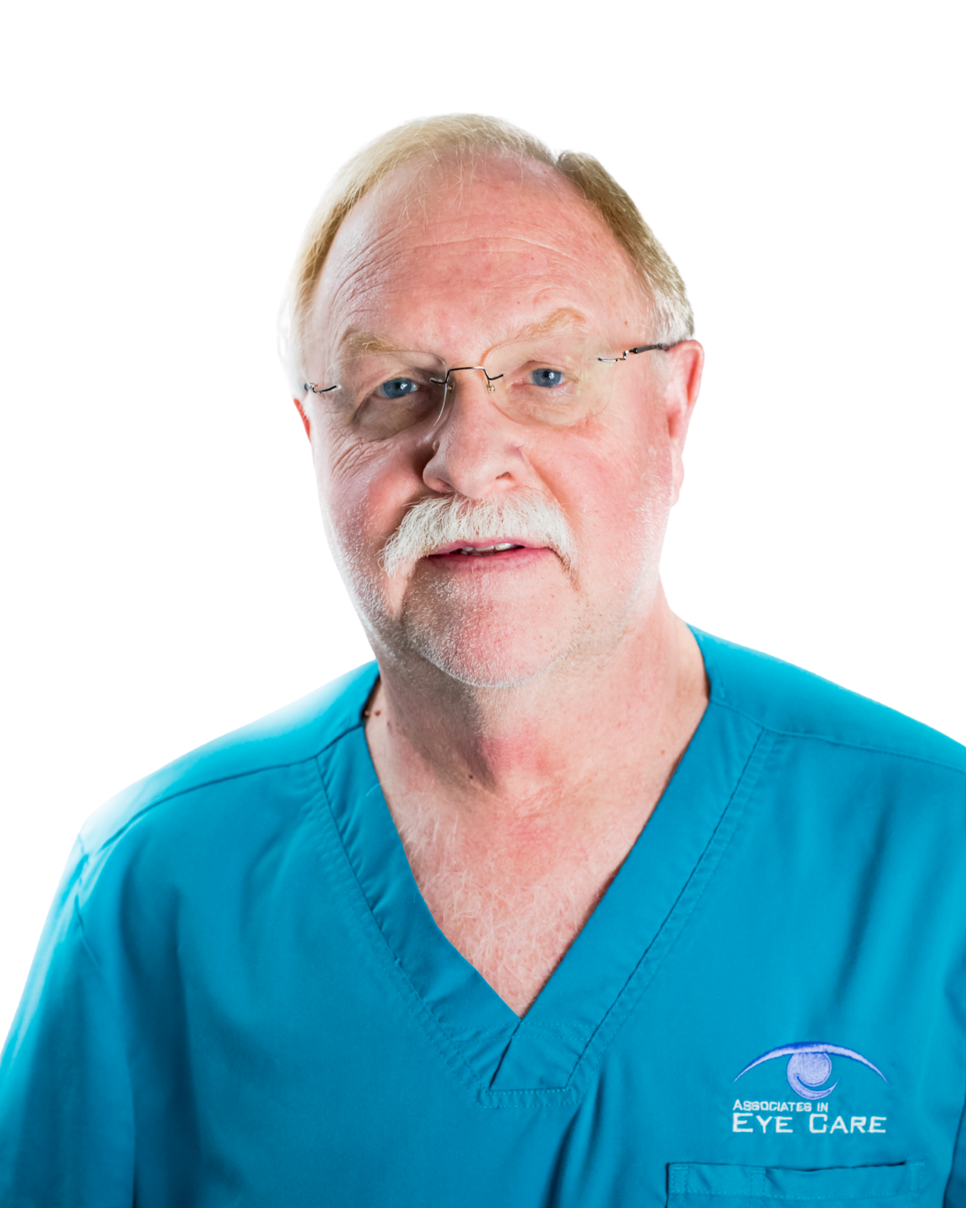 Older man in turquoise scrubs with "Associates in Eye Care" logo