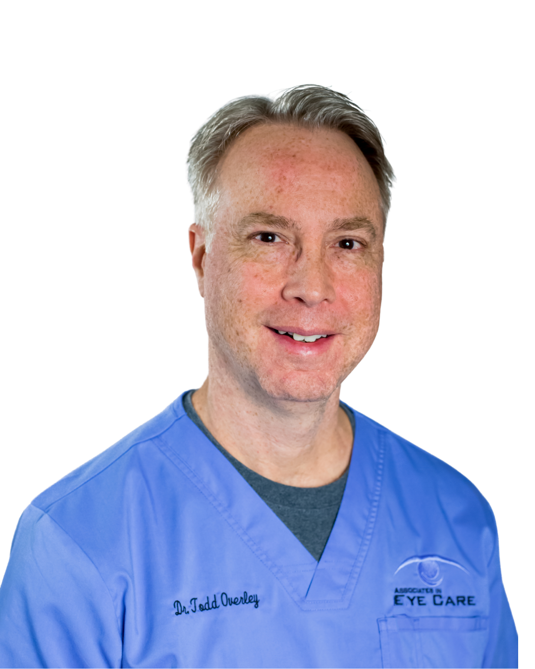 Smiling Mysliwiec, OD, in Jacksboro, TN, professional in blue medical scrub top with 'Associates in Eye Care' logo.
