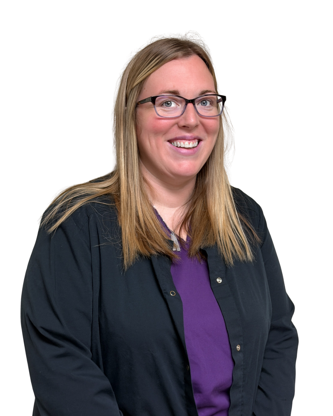 Person smiling, wearing a dark shirt with an optometry-related logo.