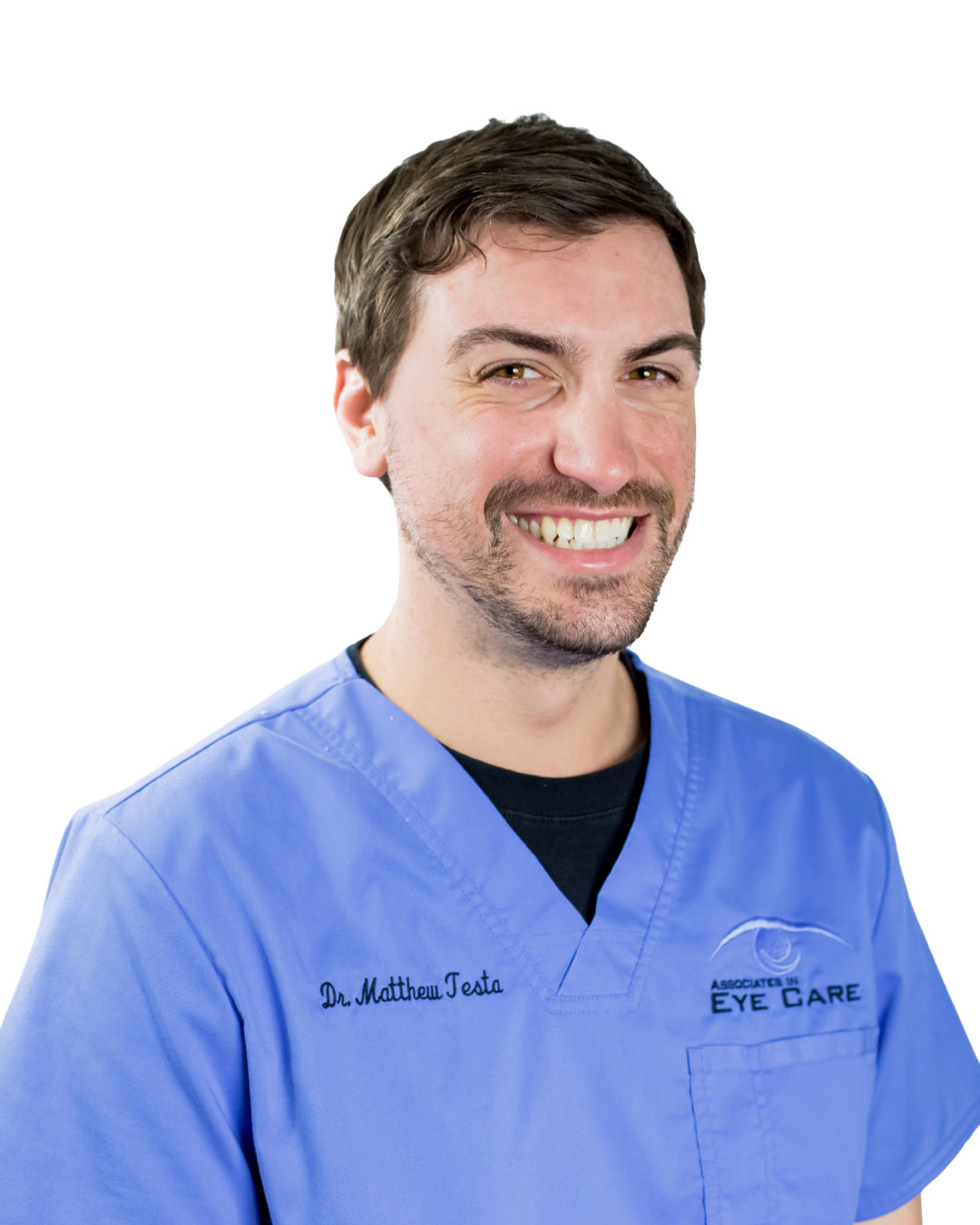Smiling man in blue scrubs with "Dr. Matthew Testa" embroidered, standing against a white background.