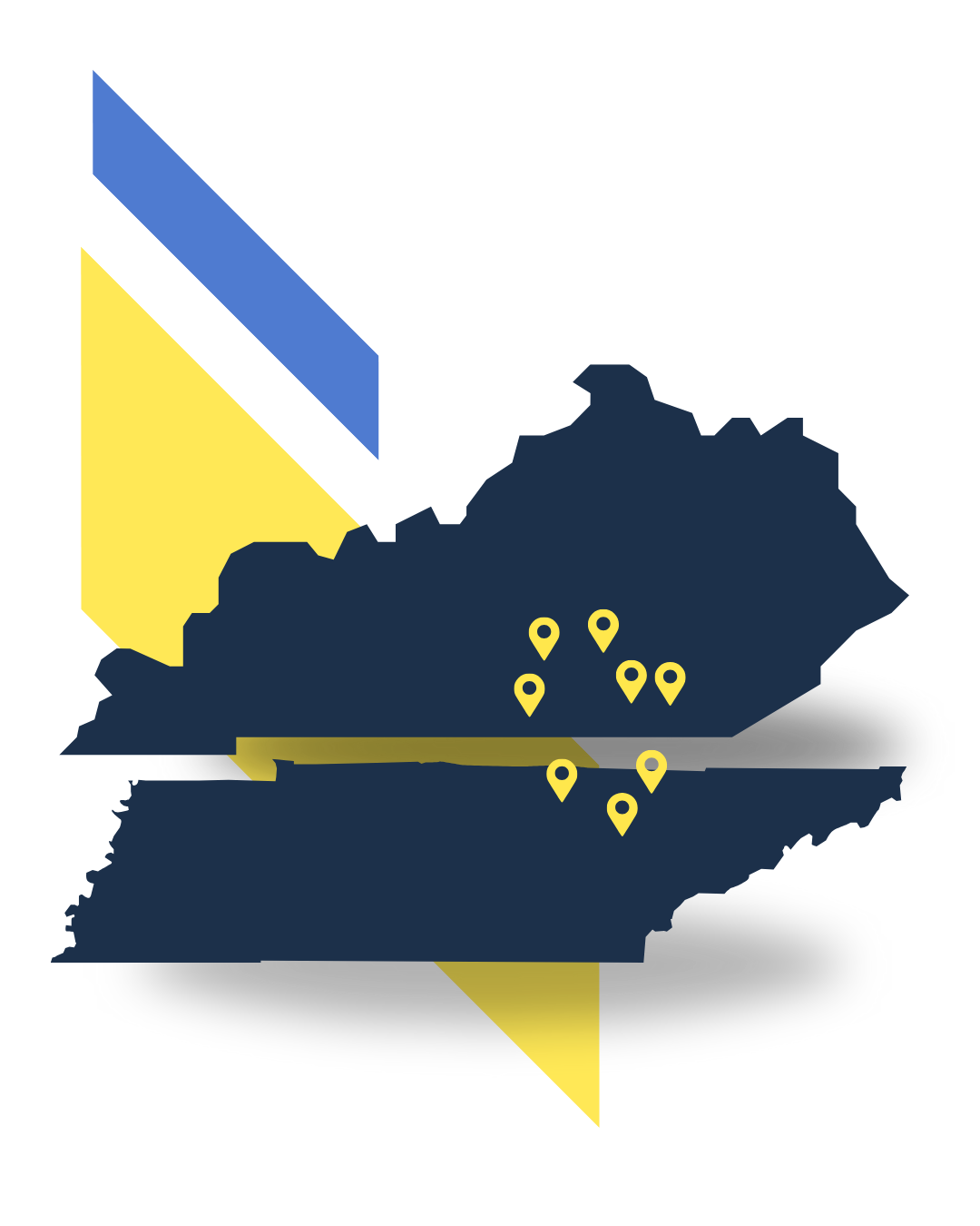 Map of Kentucky with yellow and blue geometric shapes, featuring seven yellow location markers scattered across the state.