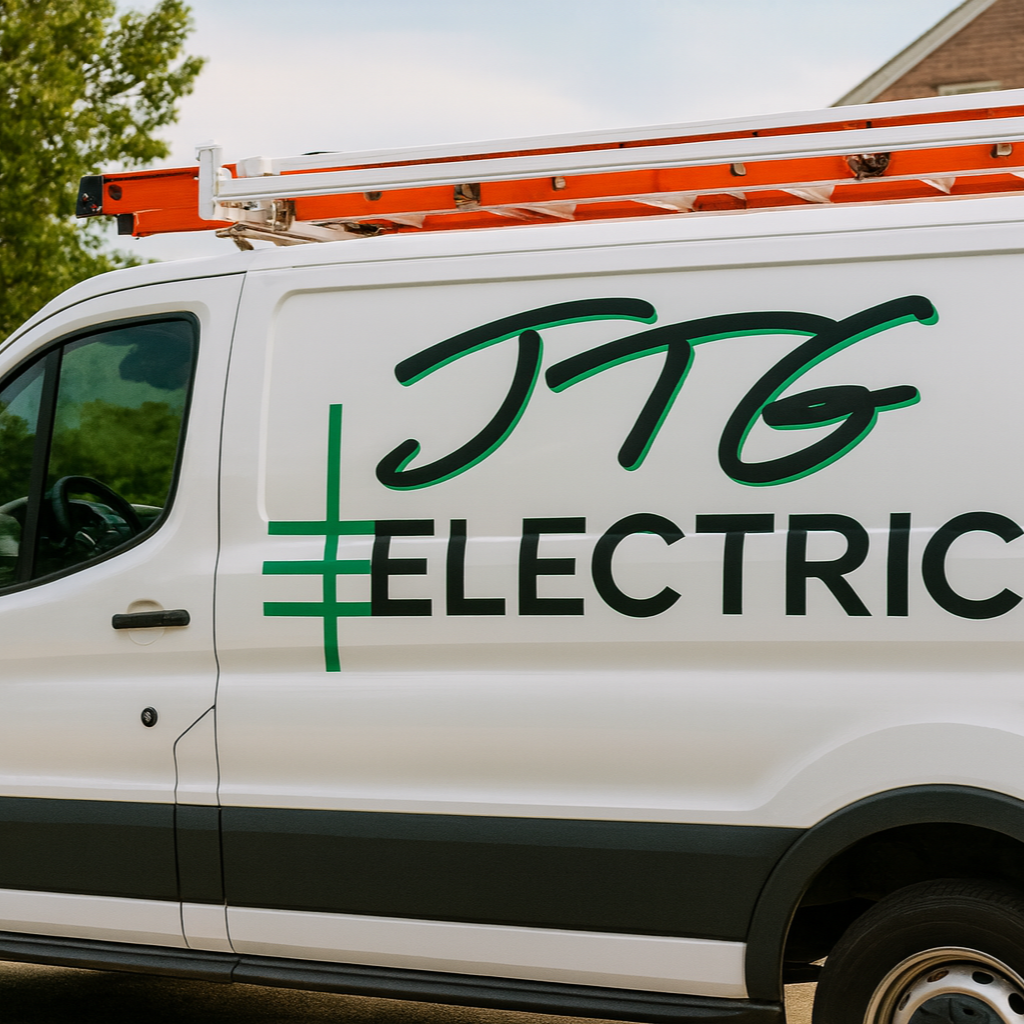 Side view of a white electric service van with green logo reading 'JTG ELECTRIC' and a ladder on top.