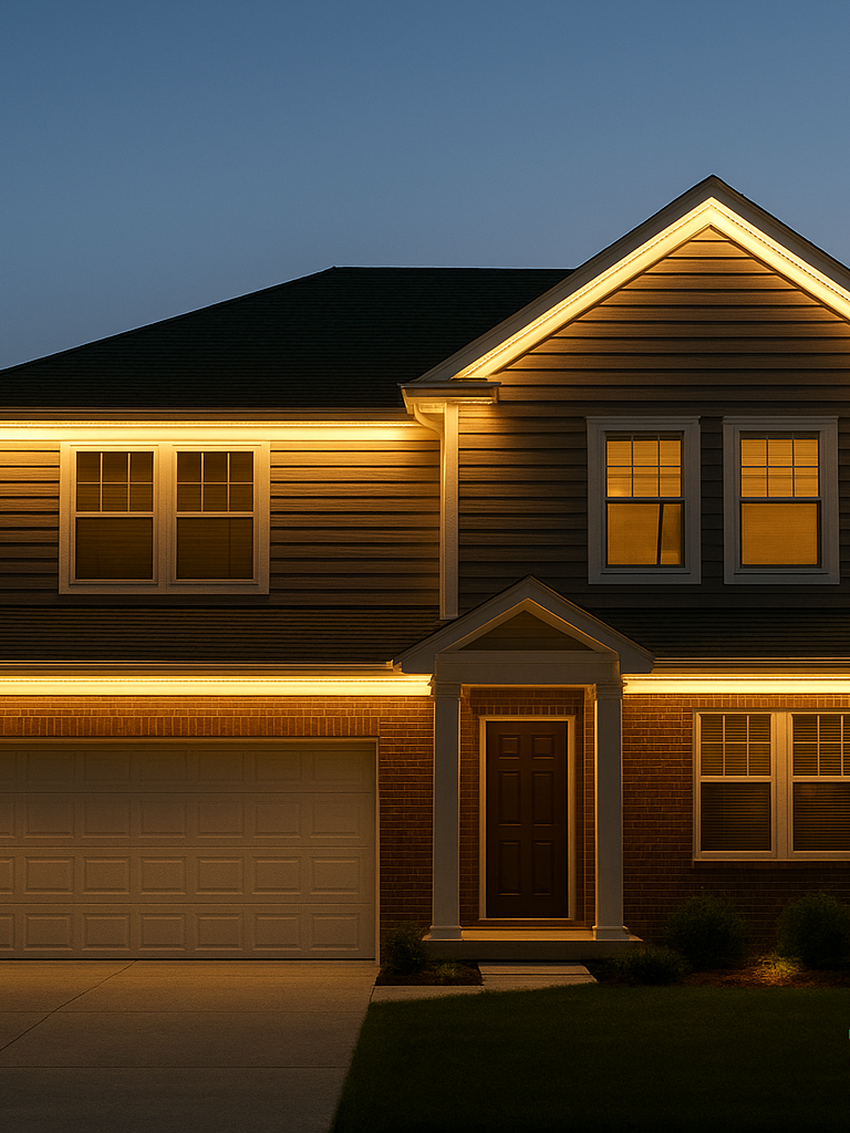 A two-story house in southern maryland at dusk with exterior holiday lighting illuminating the roofline and windows, featuring a front door, garage, and small landscaped yard.