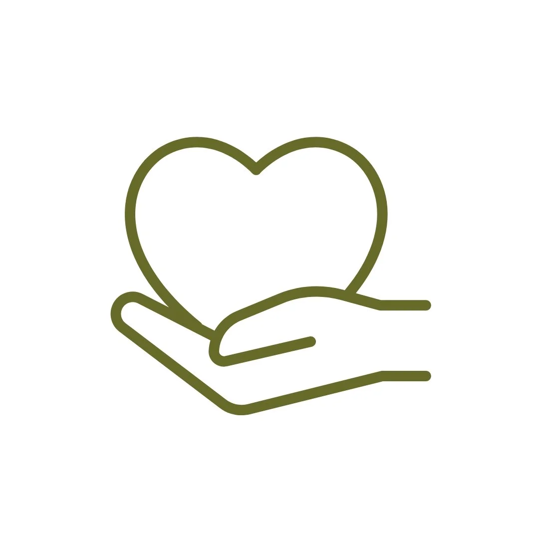 Line drawing of a hand holding a heart symbol, representing care or support.