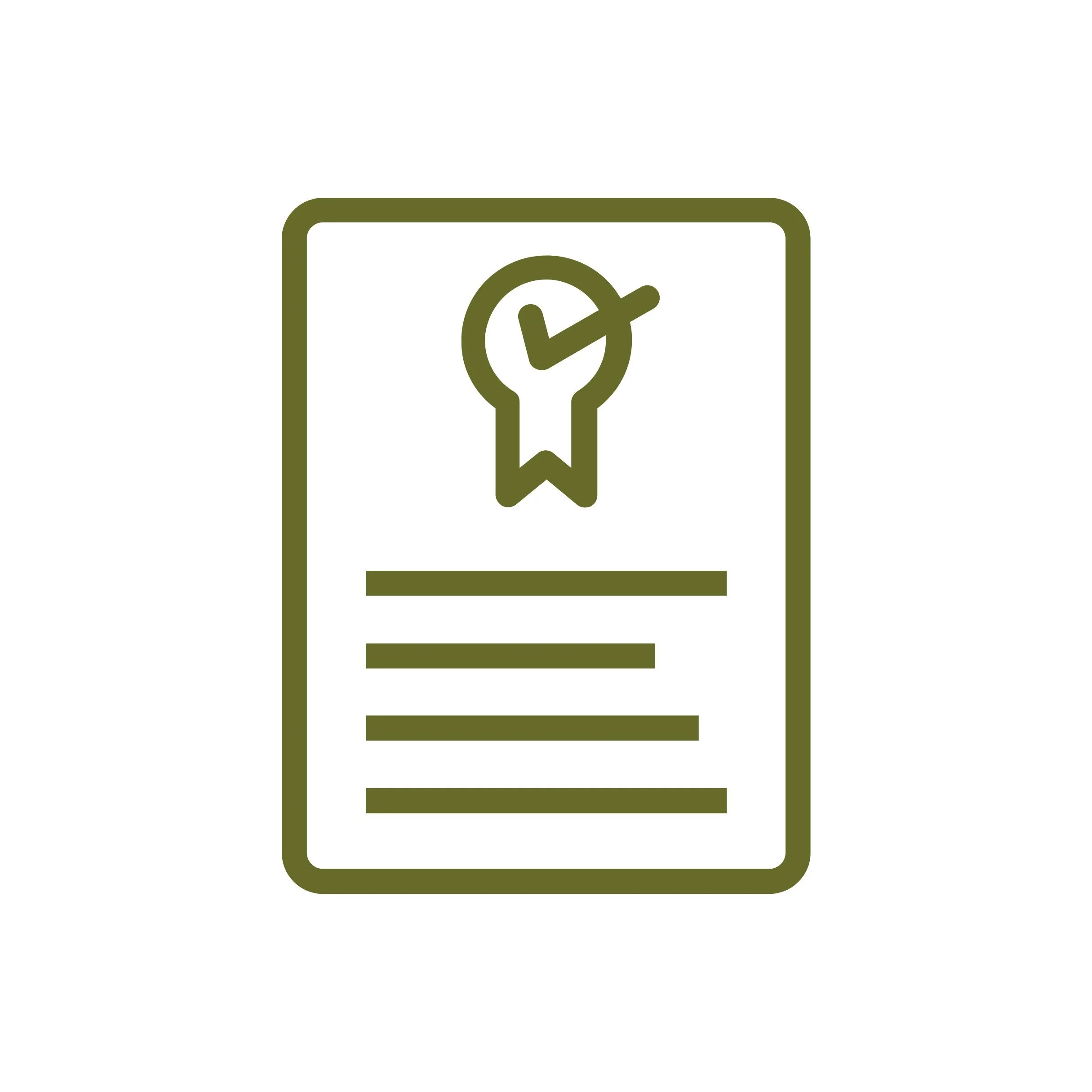 Icon of a document with a ribbon containing a check mark at the top and lines representing text below.