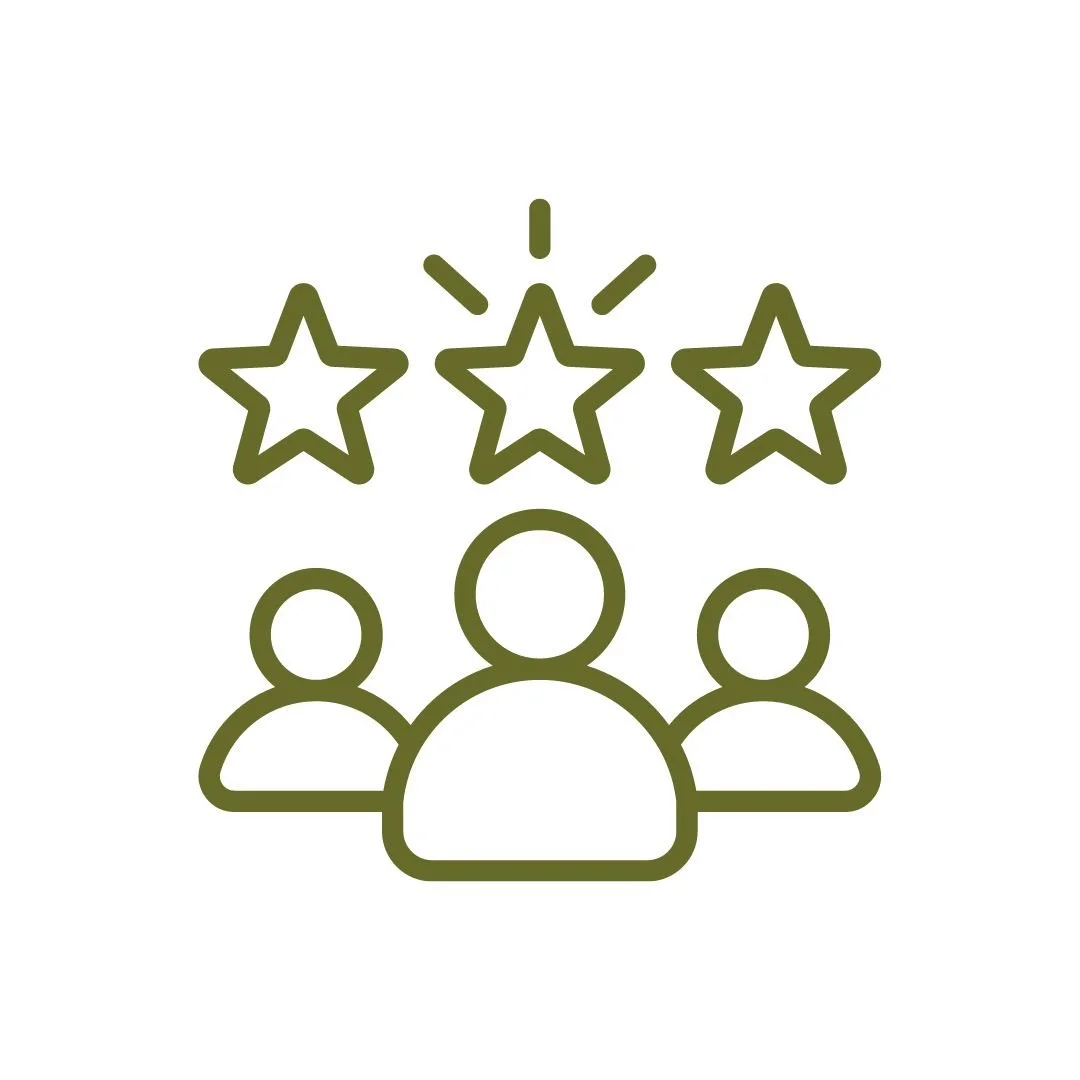 Group of people with three stars above, symbolizing customer satisfaction or feedback.