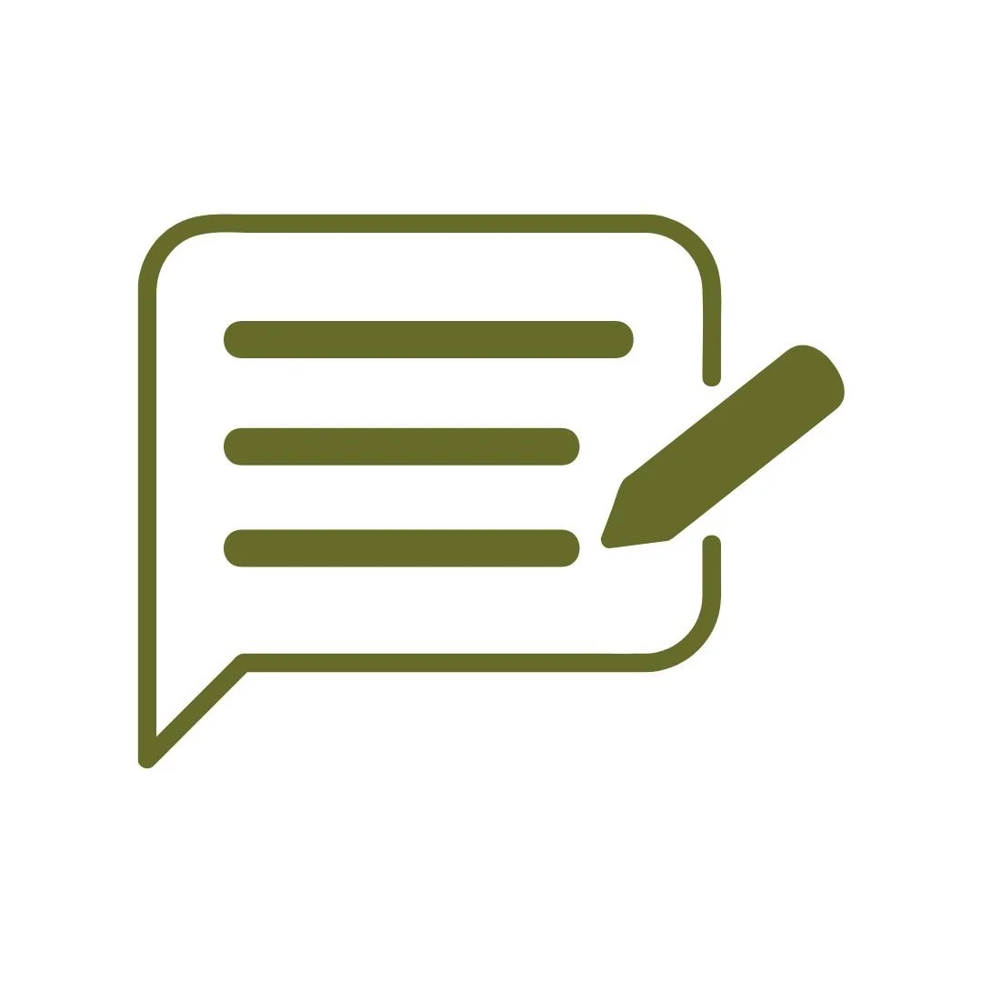 Icon of a speech bubble with lines and a pencil, representing messaging or writing.