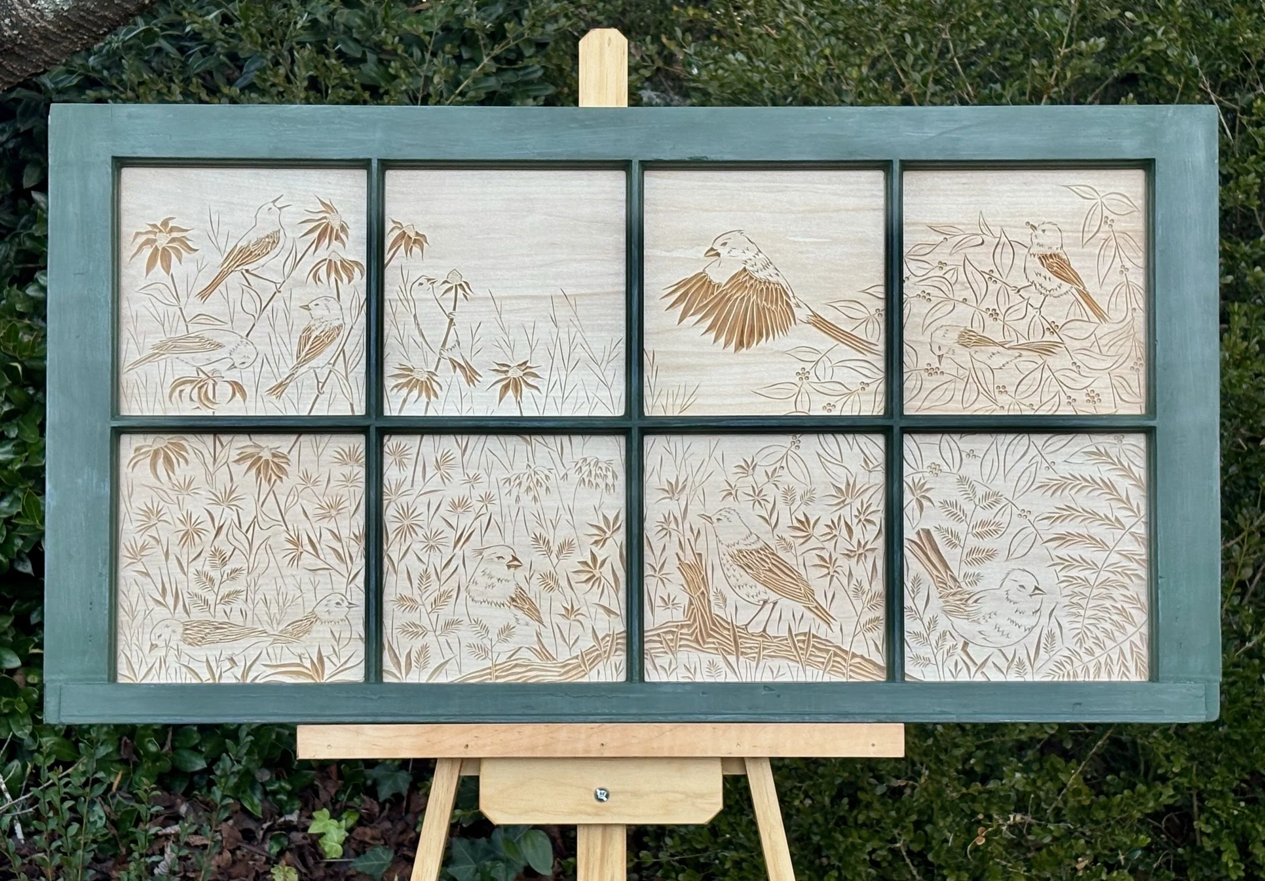 full view of eight-panel carving