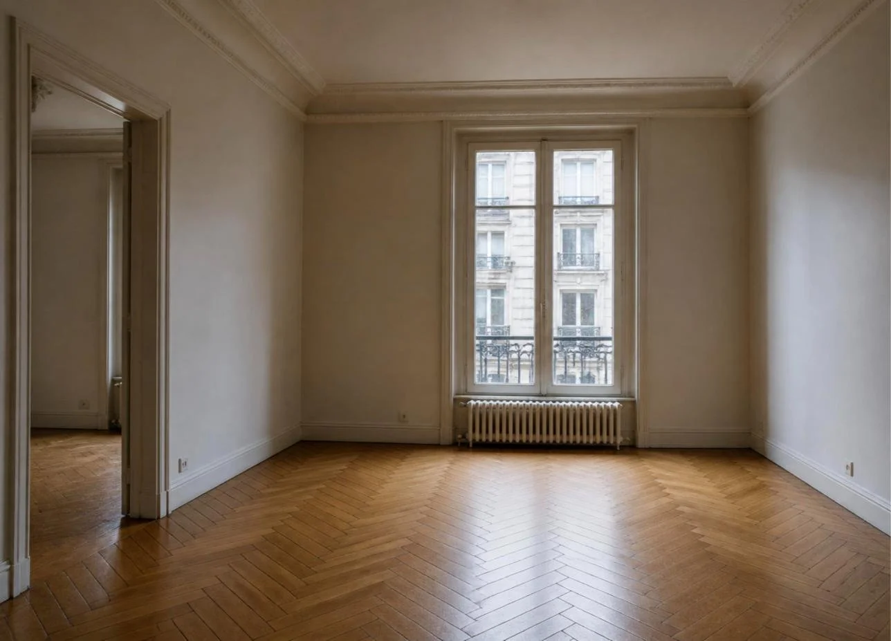 Appartement haussmannien vide avec parquet en point de Hongrie et radiateur, performance énergétique d'un logement loué à Paris
