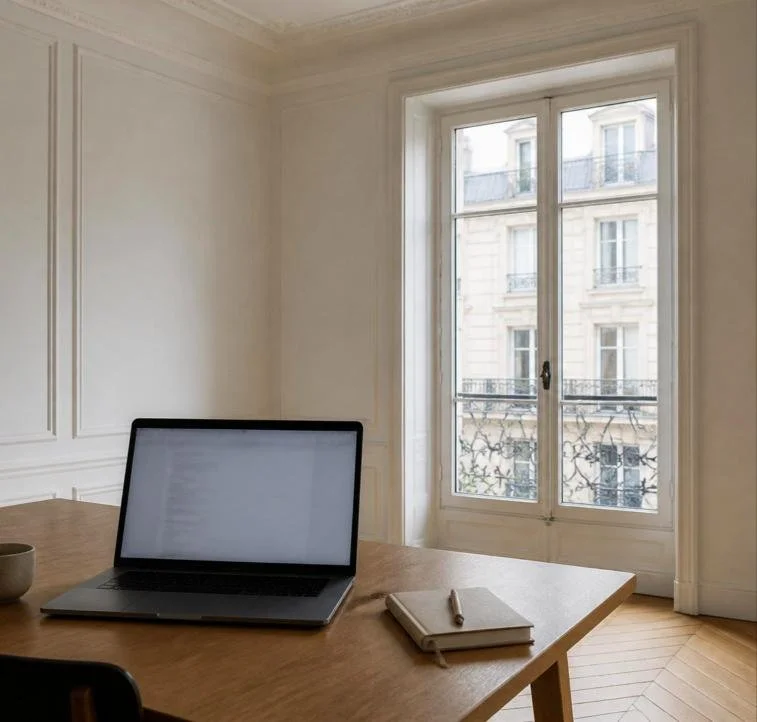 Ordinateur portable dans un appartement haussmannien parisien pour une recherche immobilière avec l'IA