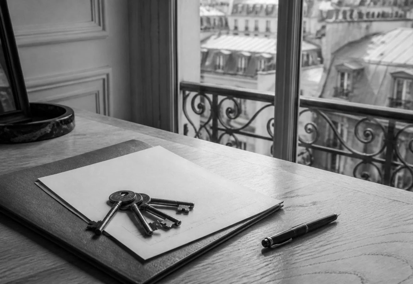 Clés d'appartement et bail de location sur un bureau face aux toits de zinc de Paris, propriétaire bailleur