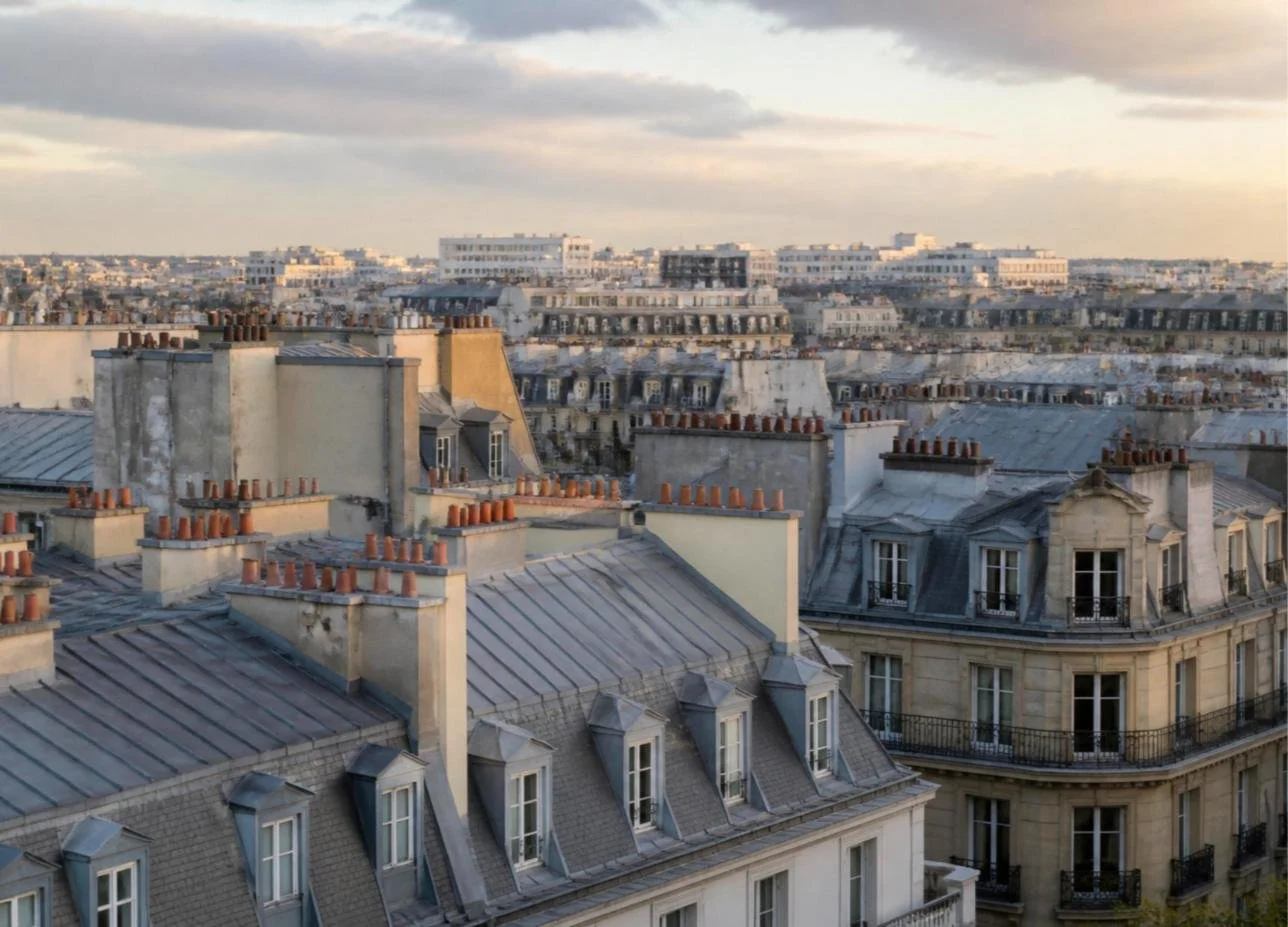Toits de zinc et souches de cheminée d'immeubles haussmanniens de l'Est parisien au coucher du soleil