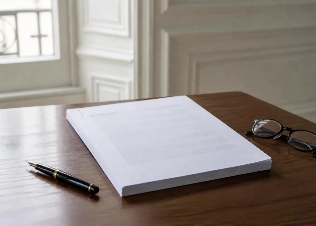 Contrat de bail d'habitation et stylo sur un bureau dans un appartement parisien, nouvelle notice d'information obligatoire