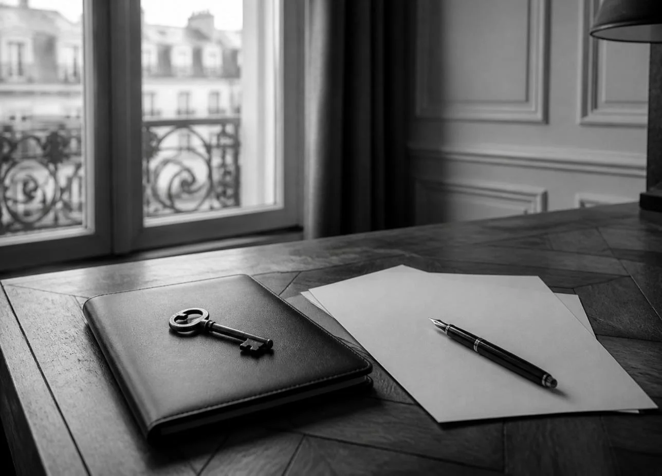 Clé d'appartement et dossier de financement d'un crédit immobilier posés sur un bureau, devant une fenêtre parisienne à balcon en fer forgé