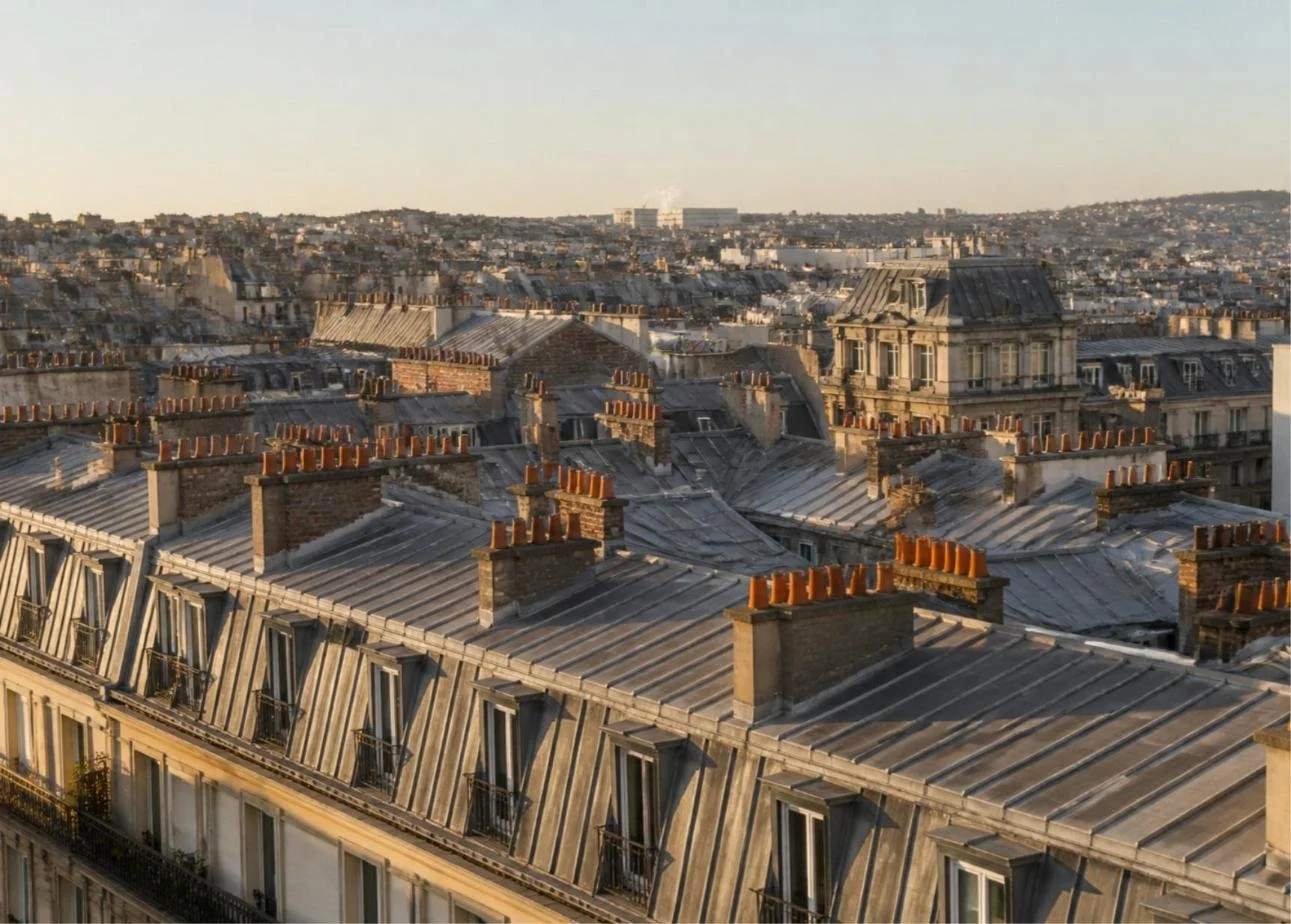 Toits de zinc et cheminées d'immeubles haussmanniens dans l'Est parisien, location à Paris