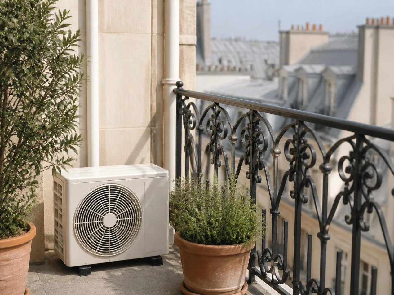 Unité extérieure de climatisation posée sur le balcon d'un appartement en copropriété à Paris