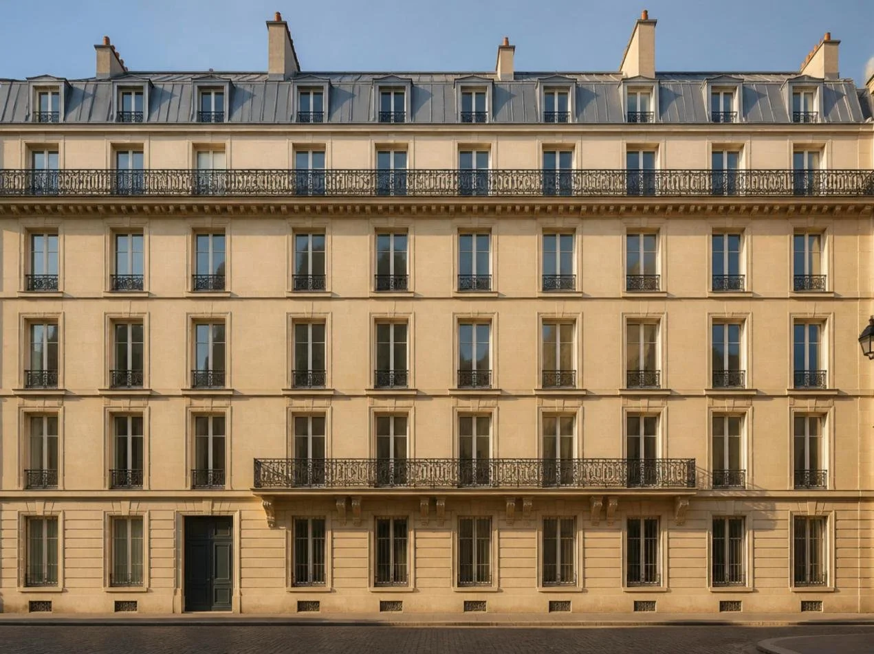 Façade d'un immeuble haussmannien en copropriété à Paris avec balcons filants en fer forgé