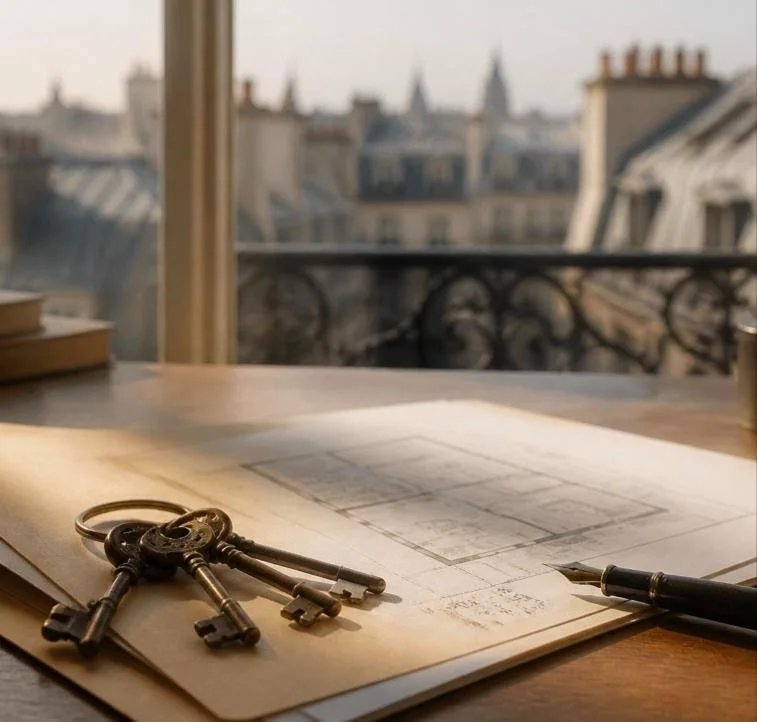 Clés anciennes et plan d'appartement devant les toits en zinc de Paris, conseil immobilier à Paris Est
