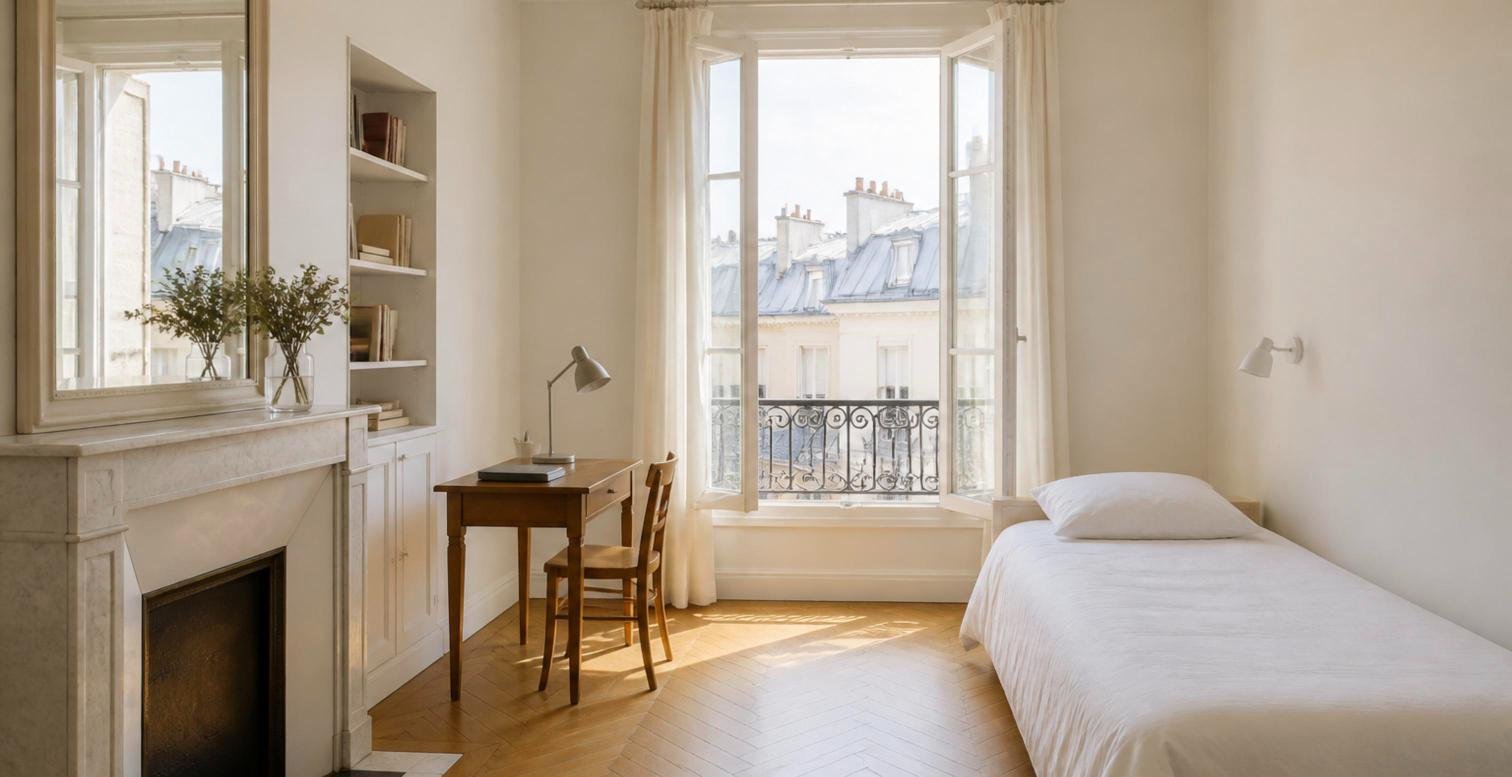 Chambre meublée lumineuse dans un appartement ancien parisien avec parquet en point de Hongrie, cheminée en marbre et vue sur les toits de zinc