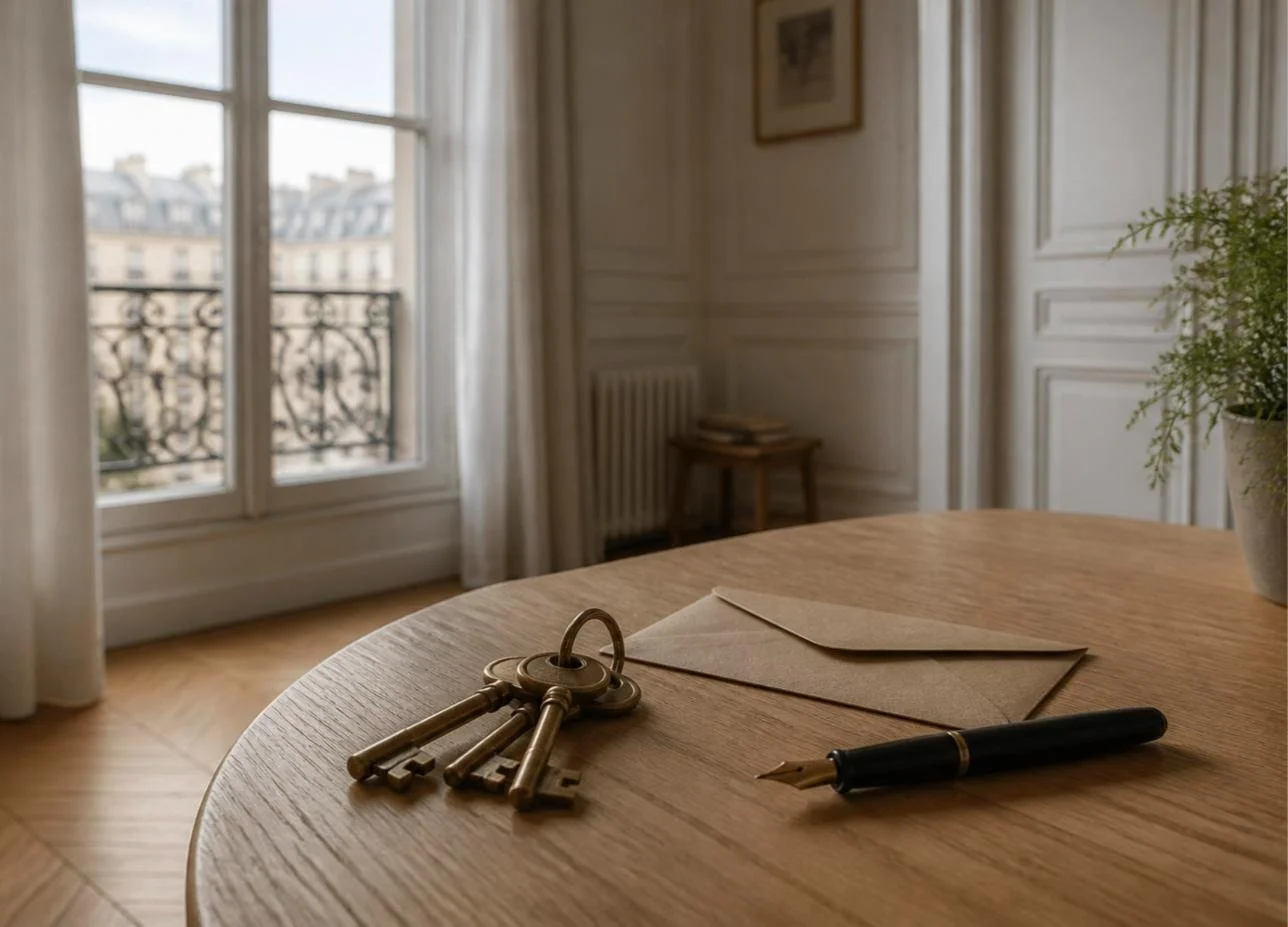 Clés anciennes et enveloppe sur une table dans un appartement haussmannien parisien, symbole d'un achat immobilier financé par un don familial