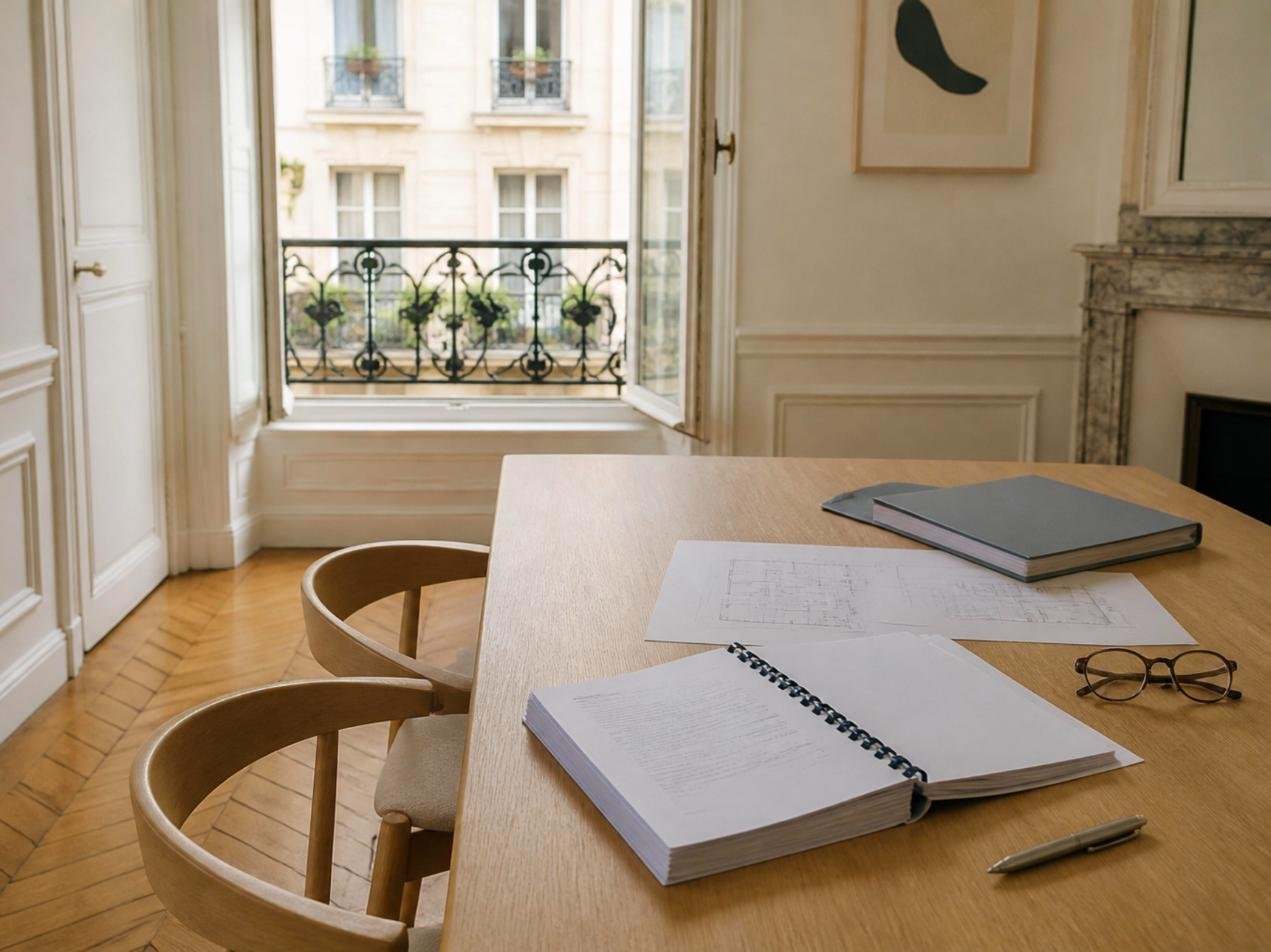 Règlement de copropriété et dossier technique préparés pour l'assemblée générale dans un appartement parisien
