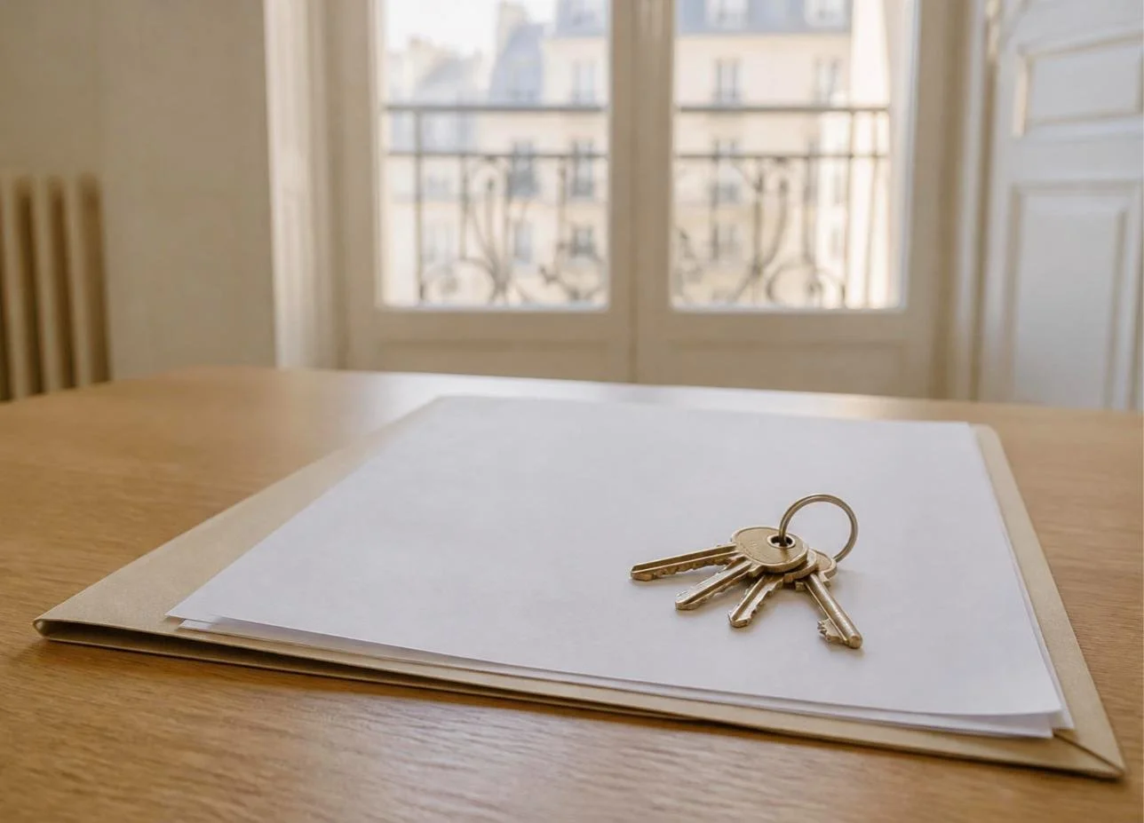 Clés et bail de location sur une table dans un appartement parisien, gestion locative à Paris