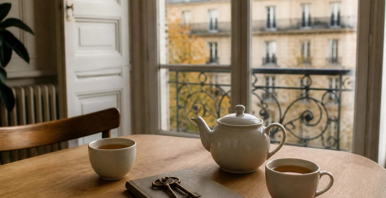 Table dans un appartement parisien avec théière, deux tasses et clés anciennes, vue sur un balcon en fer forgé et des immeubles haussmanniens