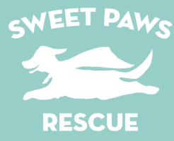 "Sweet Paws Rescue" featuring a dog silhouette with a cape blowing in the wind