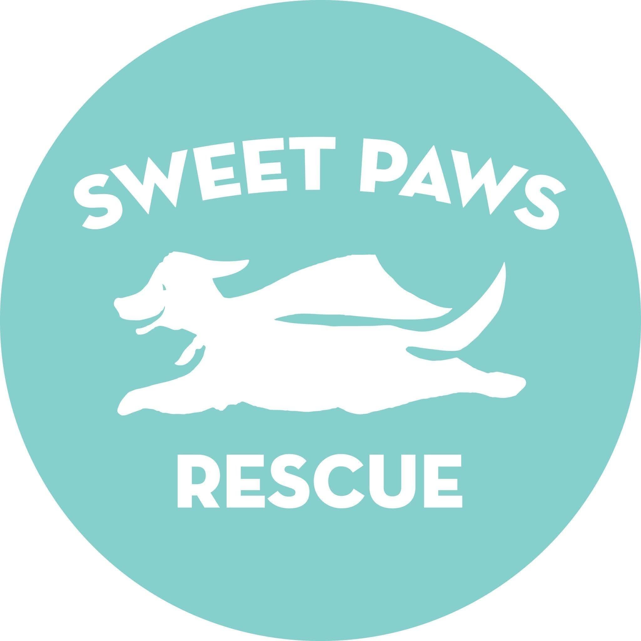 Sweet Paws Rescue logo featuring a white silhouette of a dog with a cape running, centered on a teal circle with bold white text above and below.