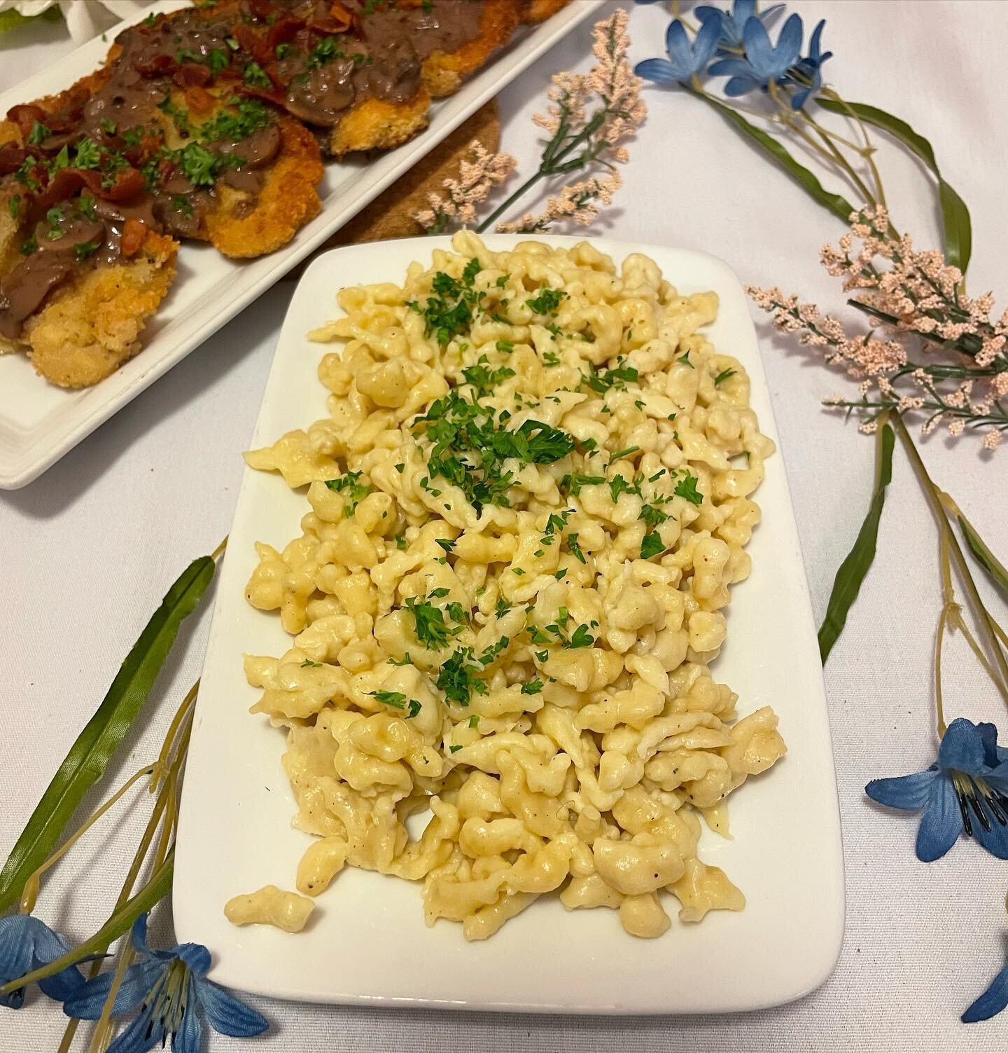 Spaetzle 

These tiny German egg noodles are quick to mix up and delicious!

- 1 cup flour 
- 2 eggs 
- 1/2 tsp salt 
- pinch of nutmeg 
- 1/4 cup water

1. In a bowl add in flour, make a well in the center and add in eggs, salt and nutmeg. 
2. Stir 