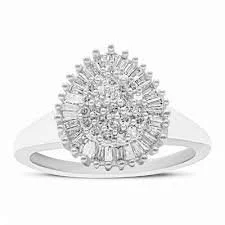 Close-up of a diamond ring featuring a large central diamond surrounded by smaller diamonds in a circular pattern.