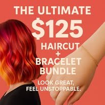 Red-haired woman with arm raised, advertisement for haircut and bracelet bundle offer.