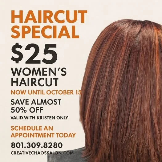 An advertisement for a women's haircut special offering $25 haircuts until October 15, with almost 50% off, valid with Kristen only, including a phone number and salon website.