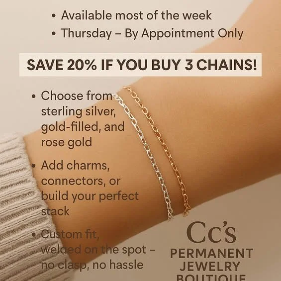Close-up of two delicate chain bracelets, one silver and one rose gold, worn on a person's wrist. The background shows promotional text for a jewelry sale offering 20% off when buying three chains, with options for sterling silver, gold-filled, and r