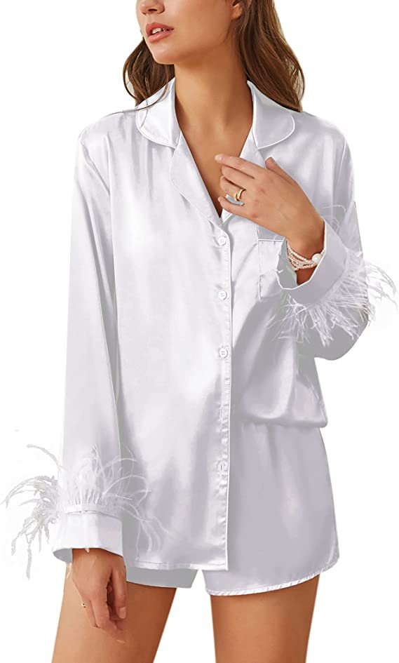 Ekouaer Women's Bridal Feather Trim Silk Satin Pajama Set Long Sleeve Lounge Sets Button Down Sleepwear S-3XL