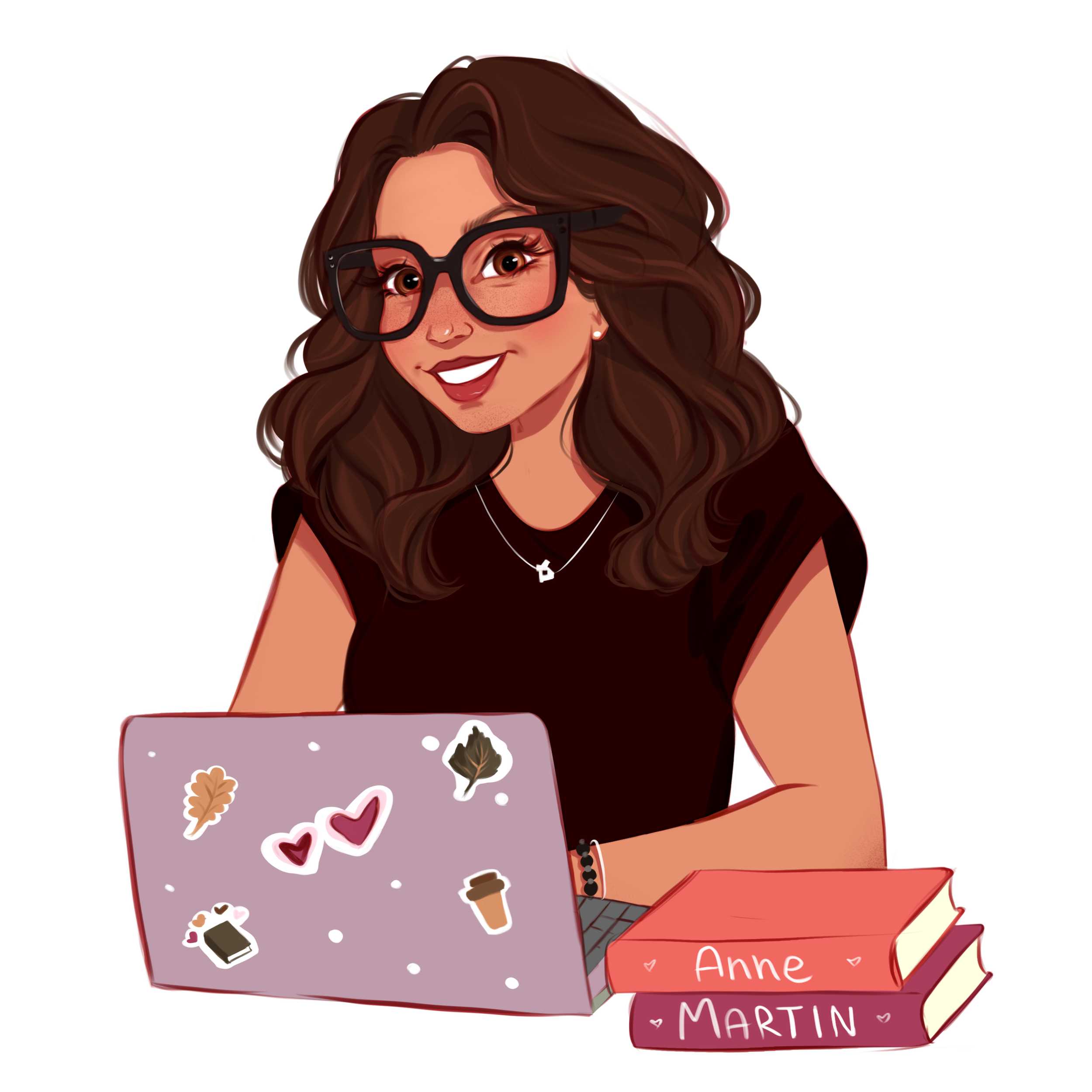 author illustrated portrait with laptop and anne martin books stack