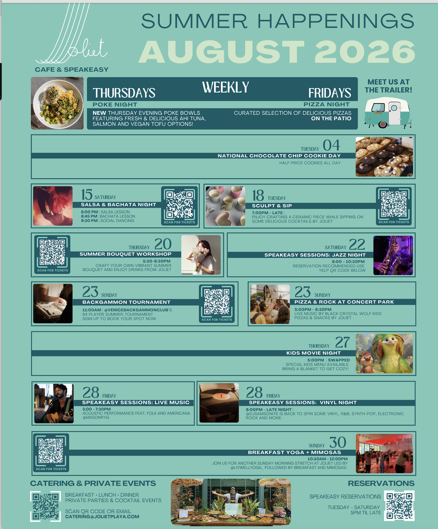 Event schedule poster for Joliet, August 2026, including weekly activities such as poke night, pizza night, chocolate chip cookie day, salsa and bachata night, ceramic sip, summer bouquet workshop, jazz night, kids movie night, live music and vinyl night, breakfast yoga with mimosas, catering and private events, with corresponding images of food, drinks, and event scenes.