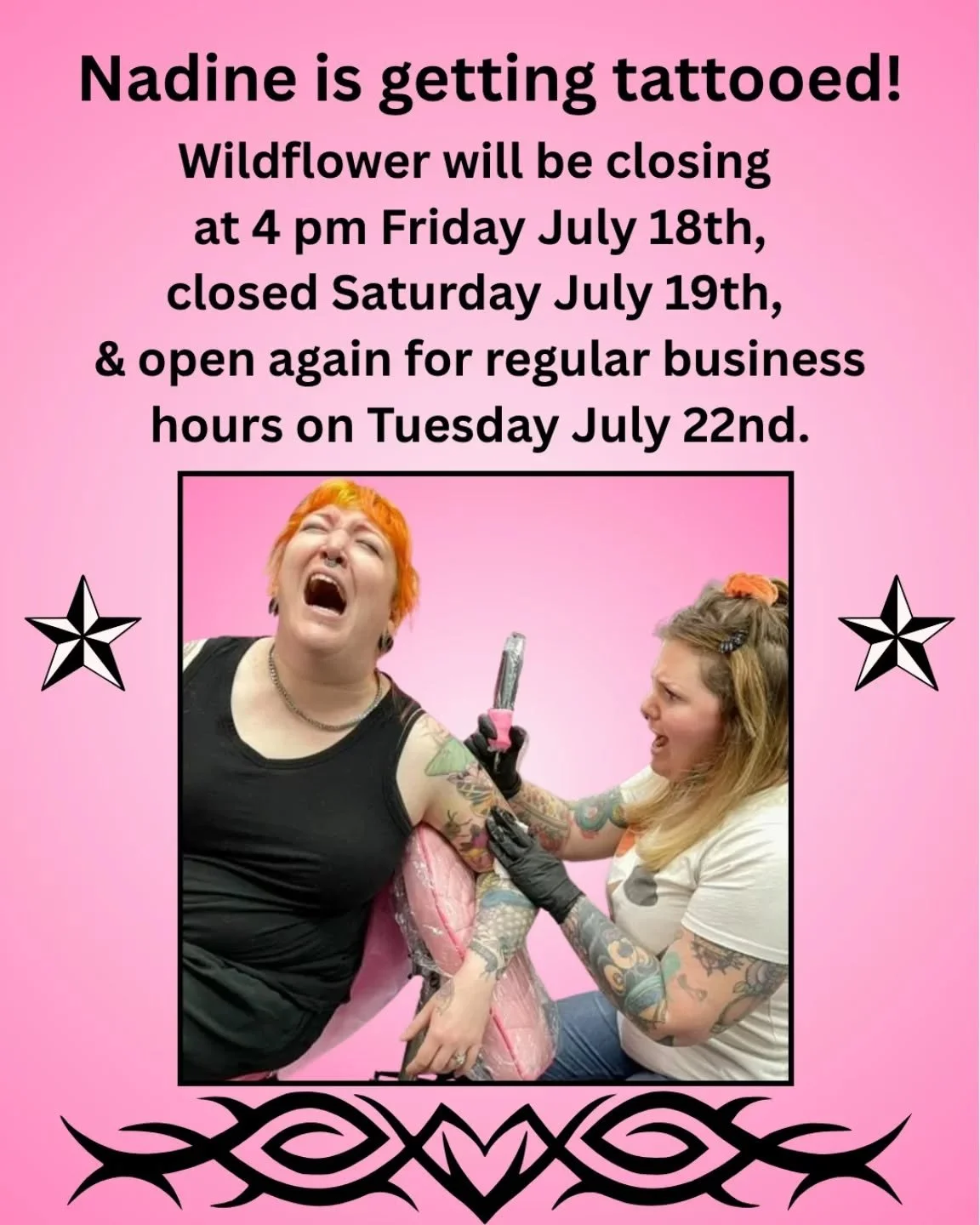 Hello folks! I'm headed out of town to get some pokes of my own. I'll be back on Tuesday. As always, appointments can be booked on my website. Big thanks to Hannah for being an amazing tattoo artist and pal, as well as posing for this silly photo wit