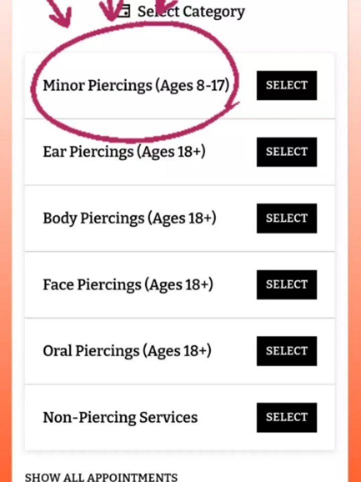 A little website update &amp; a reminder for teens, kiddos, and their parents. The booking page of the website now has an entire section for minors (folks under the age of 18) with age limits listed for each piercing. I made sure it was right at the 