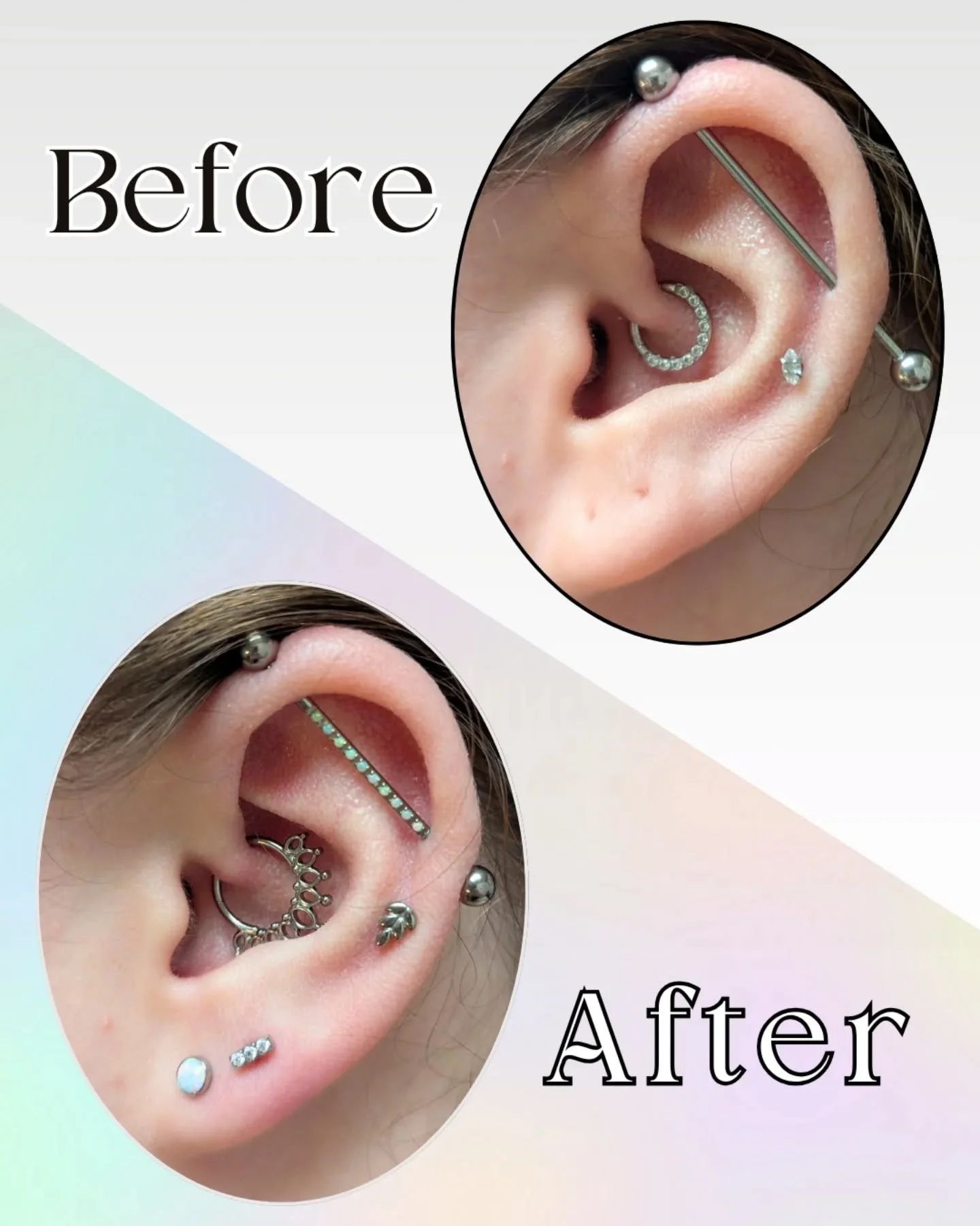 Cree recently came in for a full makeover for all of her ear piercings. I did not perform any of these piercings, but it was such a delight to assist her in finding some cohesive ear jewelry to fit her style. The end result we came up with together i