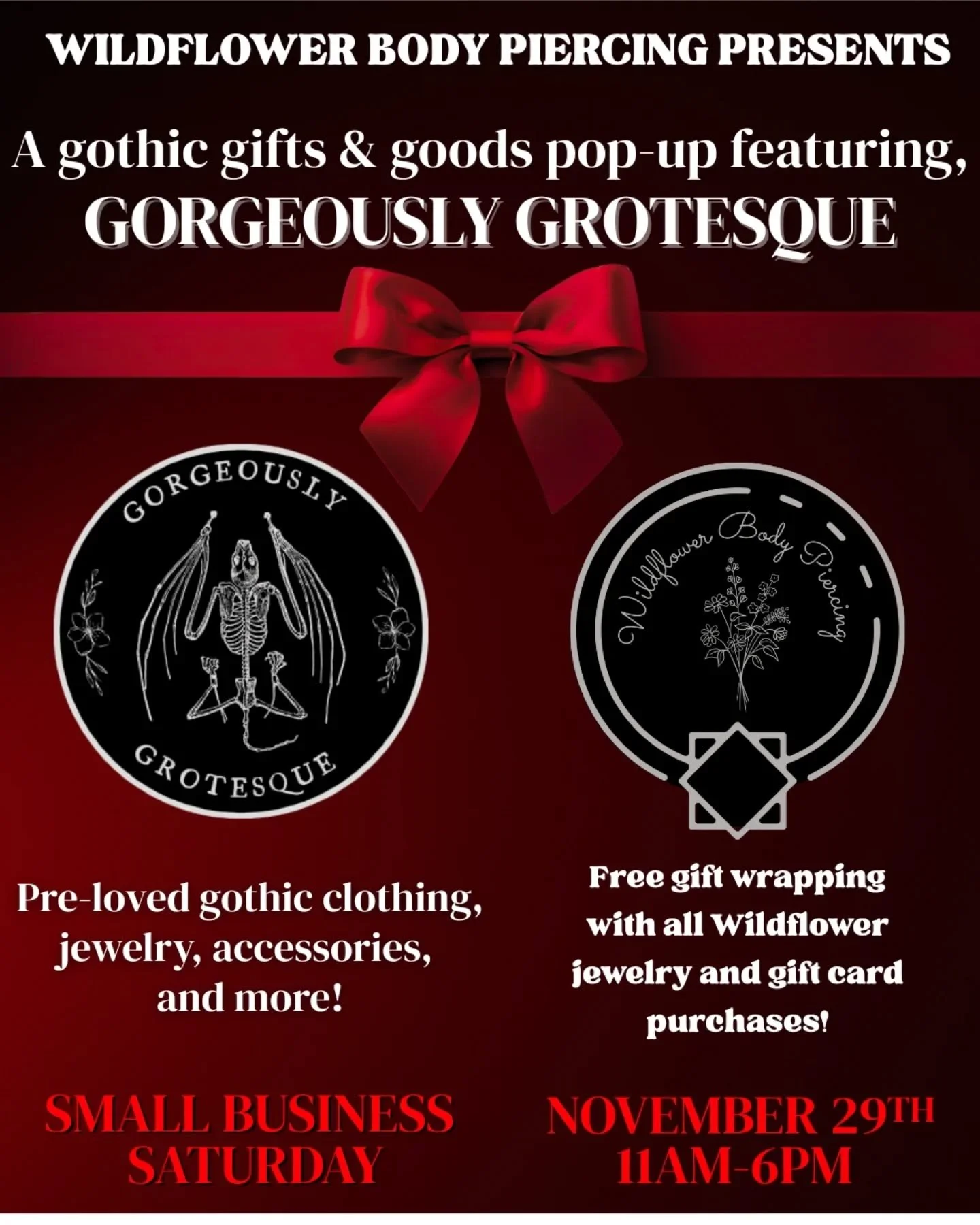 Small Business Saturday is about to get scary, in the best way possible! Friend of the studio, @gorgeously.grotesque.art (whom you may have seen selling some of her amazing gothic goods at The Night Market in September) will be taking over the Wildfl