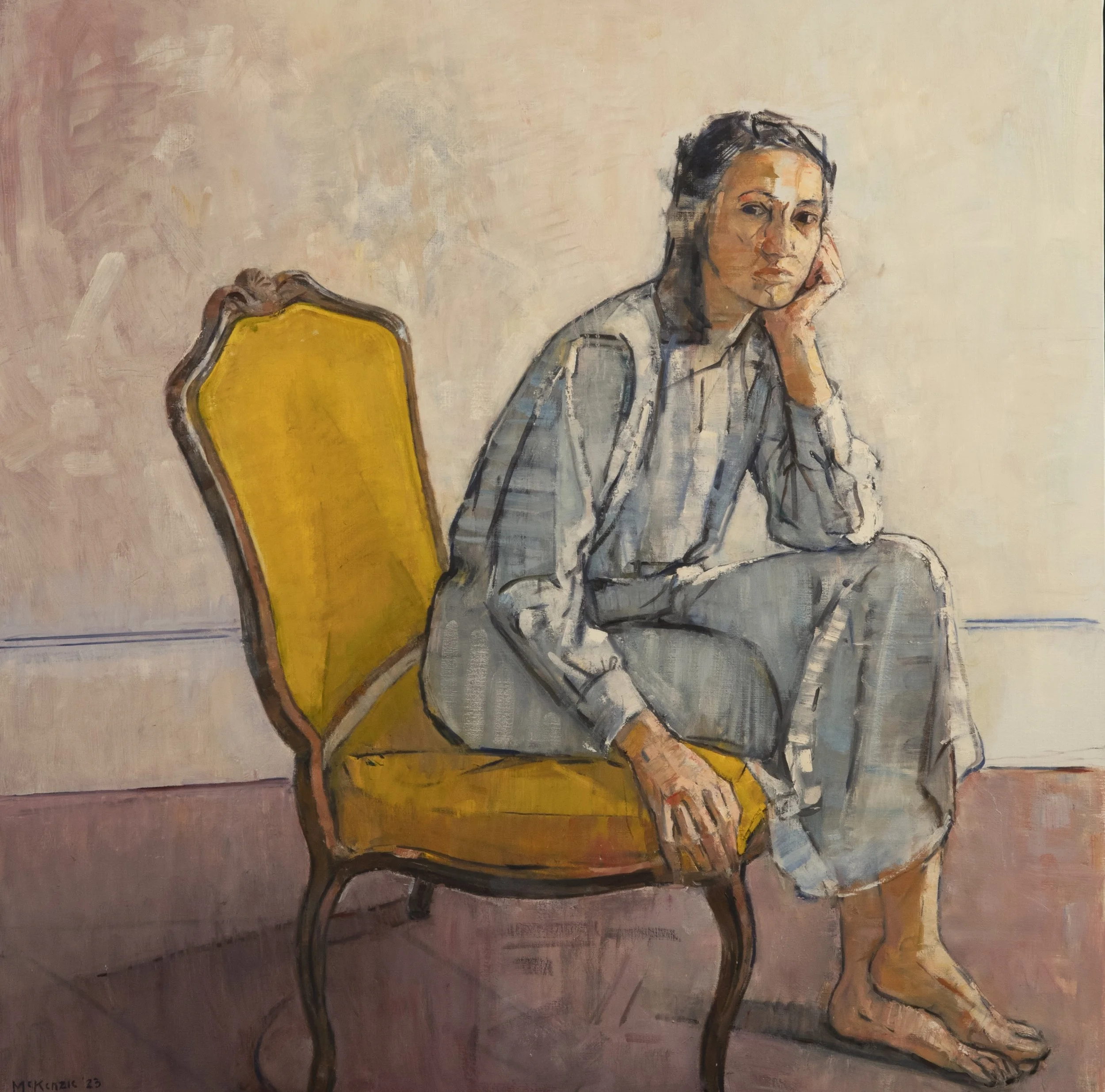 "Alena (yellow chair)" 2023. Oil on canvas. 50 X 50 inches