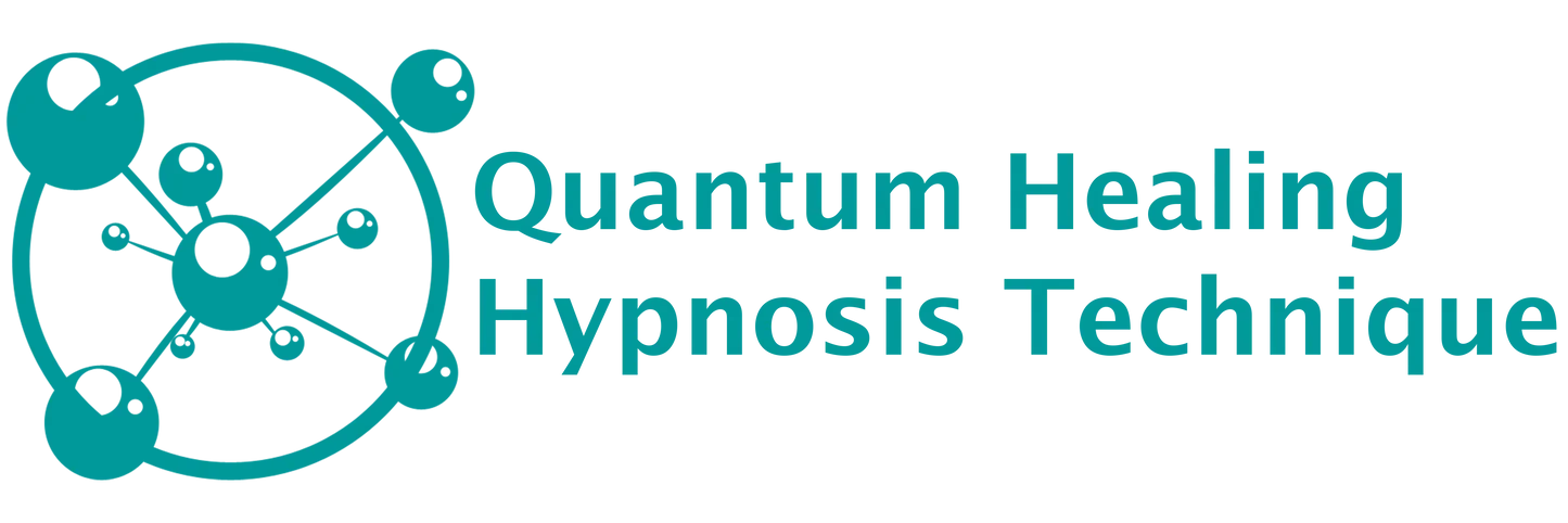 Logo for Quantum Healing Hypnosis Technique featuring interconnected circles and lines representing molecular structure