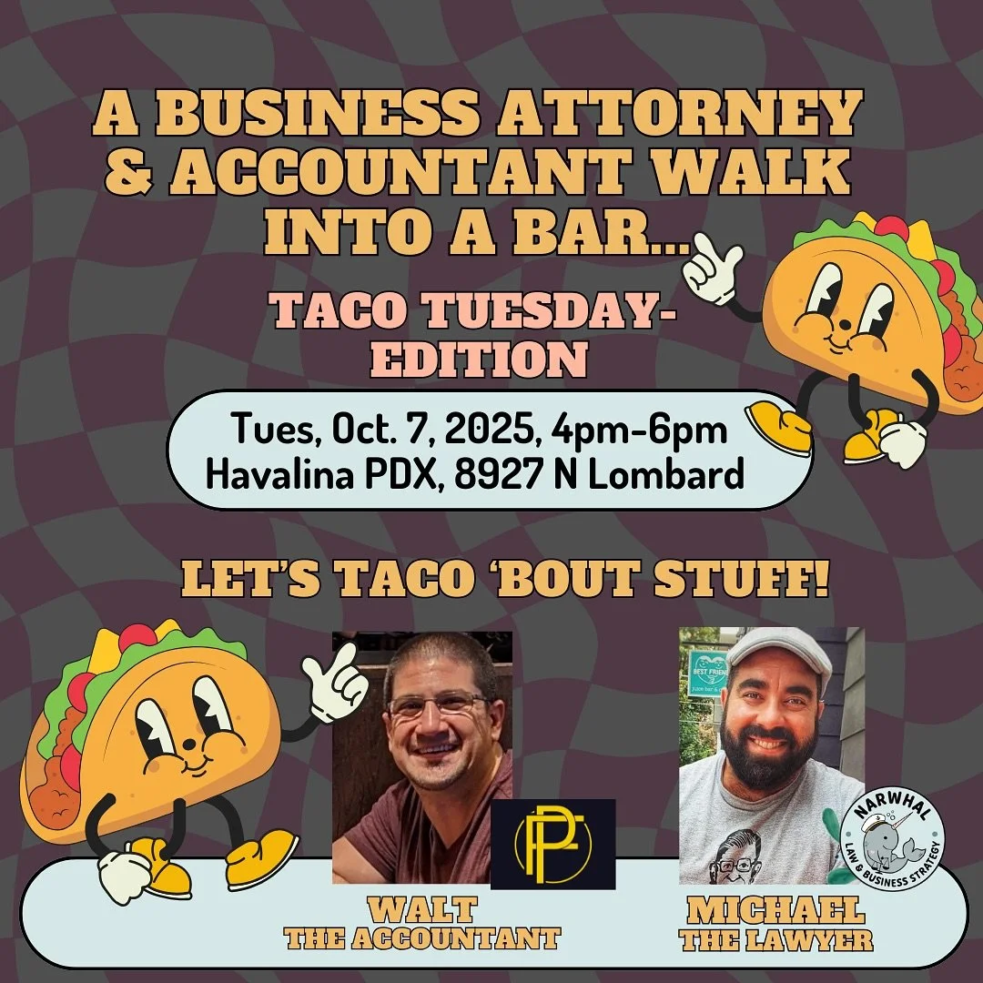 This upcoming Tuesday! 🌮 Taco Tuesday + Real Talk for Business Owners 🌮

📅 Tuesday, October 7
🕓 4:00 &ndash; 6:00 PM PDT
📍 Havalina
8927 North Lombard Street, Portland, OR 97203

Join us for a fun and casual Taco Tuesday where you can chat with 