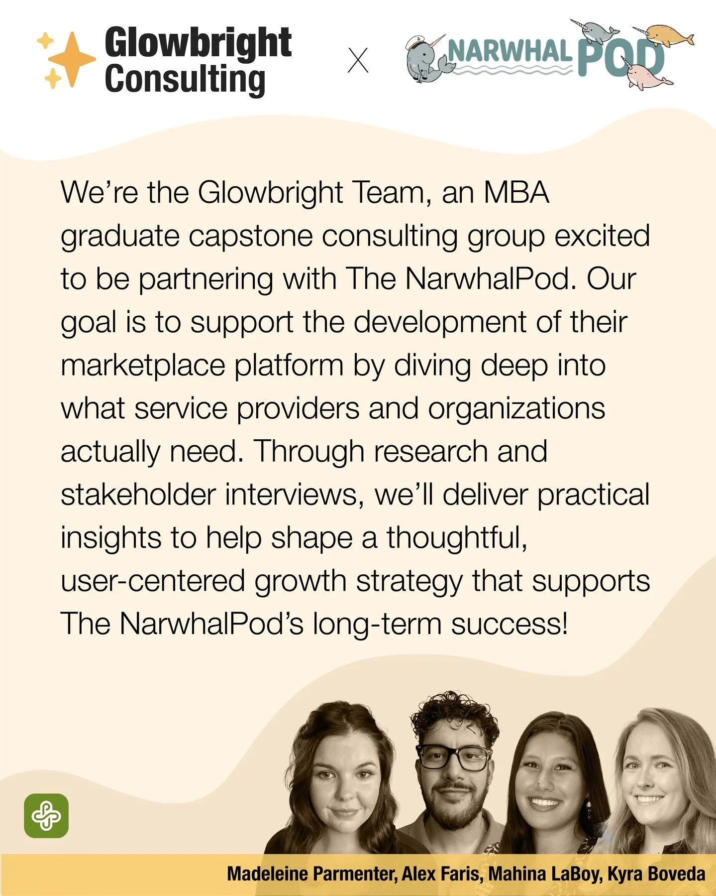 Behind the scenes at @Narwhal_Pod, we have several wise minds planning. We'd like to introduce you to the Glowbright Team, an MBA graduate capstone consulting group excited to be partnering with The NarwhalPod. Their goal is to support the developmen